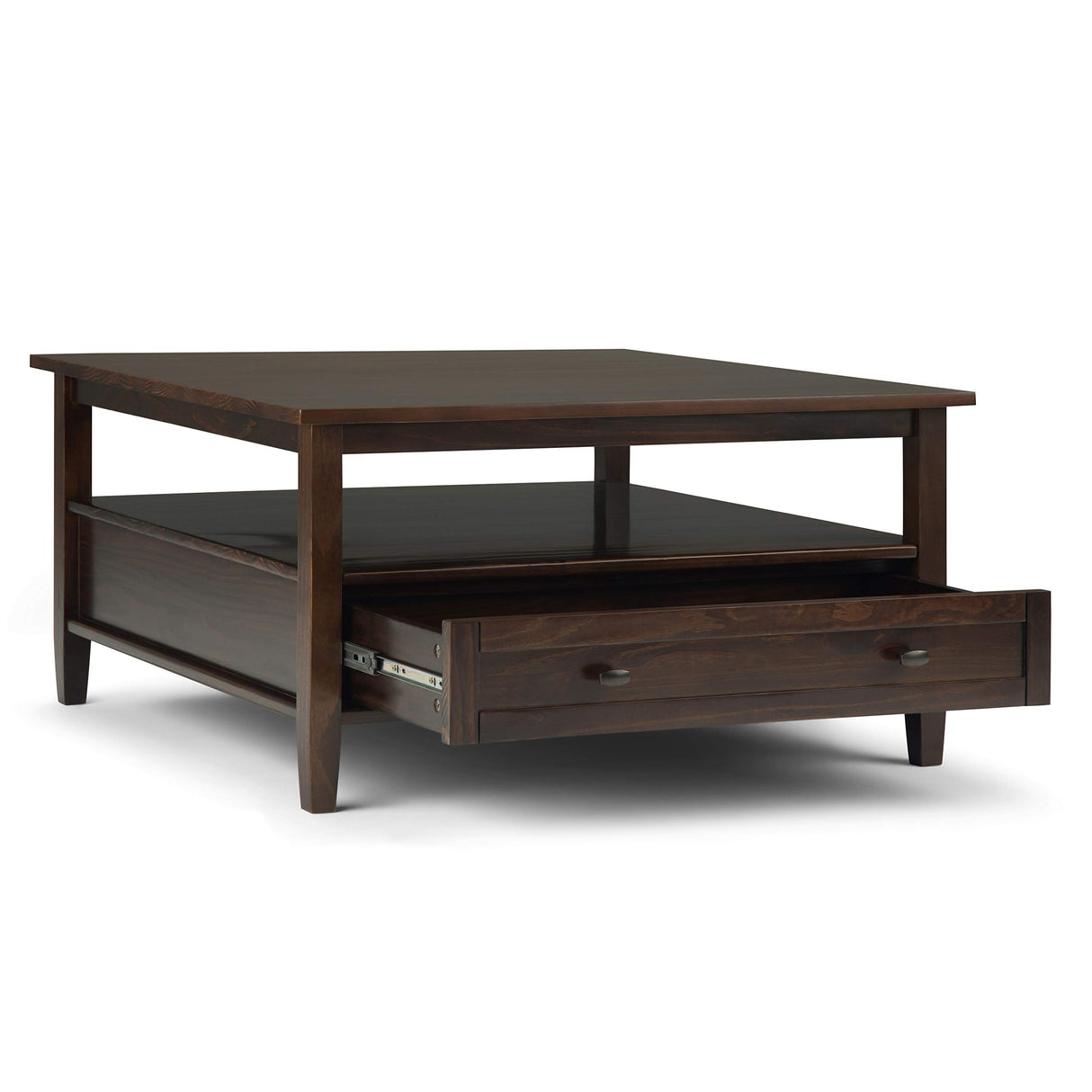 SIMPLIHOME Warm Shaker Square Coffee Table - 36 inch Wide Solid Wood Cocktail Table in Tobacco Brown, Transitional Living Room Table with Large Storage Drawer and Open Shelf for Sitting Area SIMPLIHOME