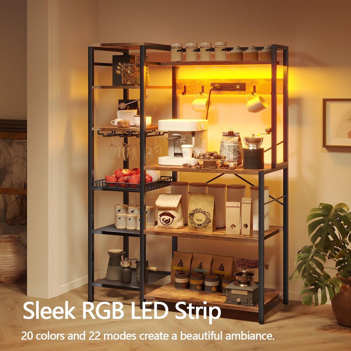 HOOBRO Bakers Rack with Power Outlet, 35.8 Inches Kitchen Microwave Oven Stand Storage Shelf with Goblet Holder, Coffee Bar with LED Lights, and Wire Basket, Rustic Brown and Black BF90UDHB01 HOOBRO