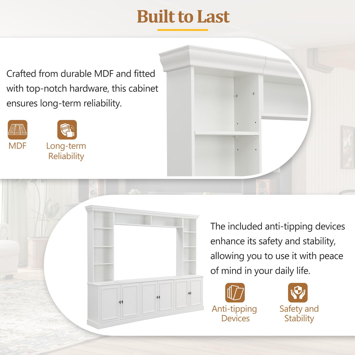 97.4"W Elegant 4-Piece Wall Unit Entertainment Center with Bookshelf for TVs Up to 70", Versatile TV Stand with Adjustable Shelf and Bridge, Mid-Century Media Console for Living Room (White/TV) Hlcodca