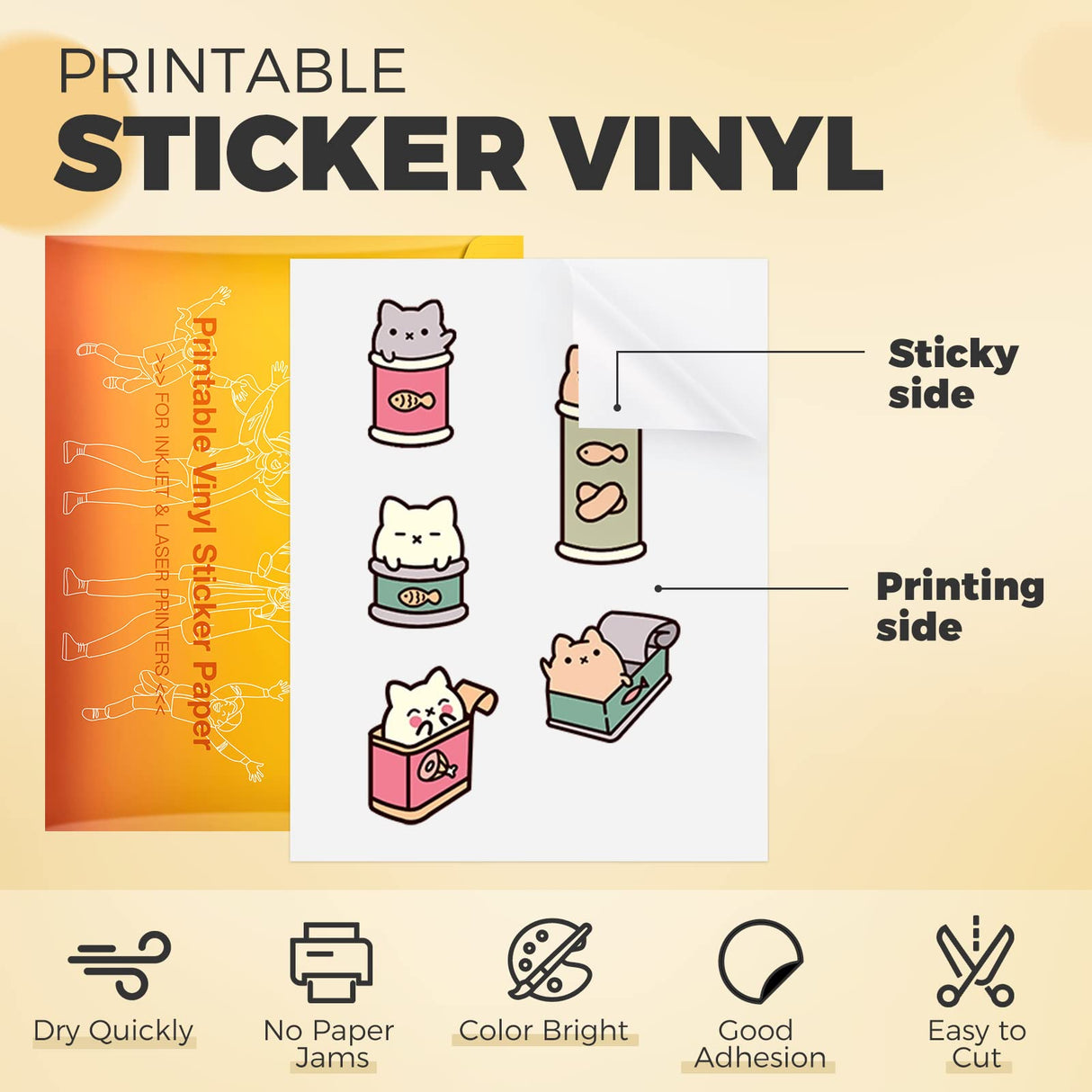 HTVRONT Printable Vinyl Sticker Paper, 100 Sheets Matte Waterproof Sticker Paper For Inkjet Printer Dries Quickly-Standard Letter Size 8.5"X11"(100 g) HTVRONT
