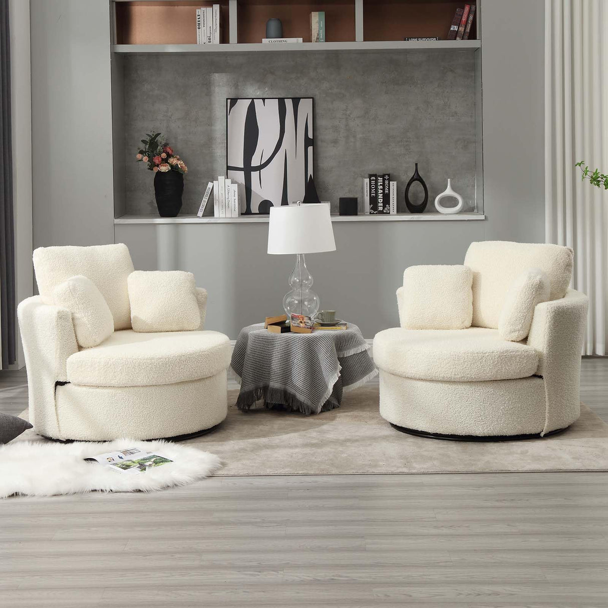 Swivel Barrel Chair, Modern Fabric Oversized 360 Degree Club Accent Arm Chairs, Single Round Living Room Sofa Chair w/ 3 Pillows for Nursery, Bedroom, Reading, Office, Ivory JEEOHEY