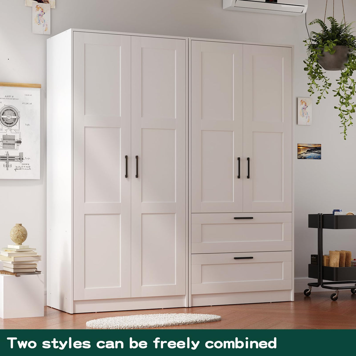 Fenghua Lizhi Wood White Wardrobe Closet with 2 Doors and 2 Drawers,Bedroom Freestanding Armoire Storage Cabinet with Shelves,Wooden Wardrobe Combination for Hanging Clothes (White 2 Drawers) Fenghua Lizhi