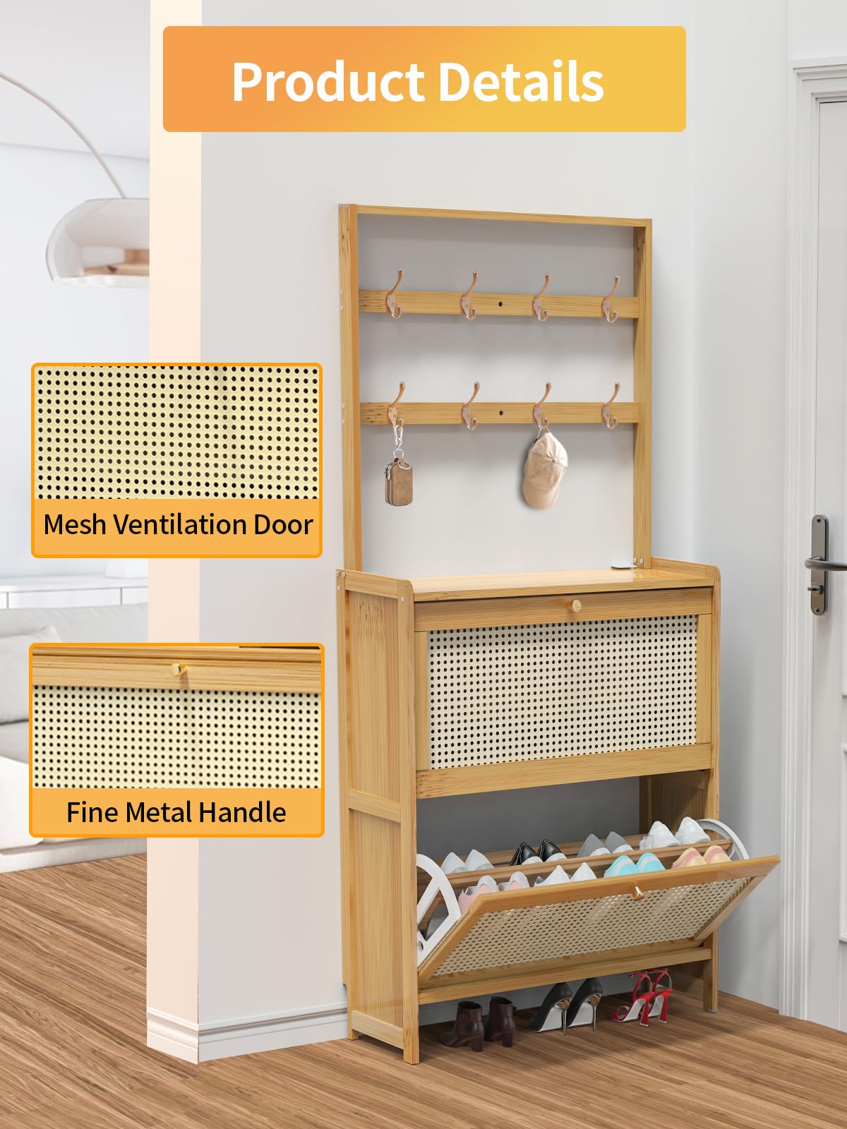 Maiproo Bamboo Shoe Cabinet Rattan with Hanging Rack Hidden Shoe Storage Cabinet Narrow Wood Freestanding Organizer with 2 Flip Drawers Adjustable Panel for Entryway Hallway Light Brown Maiproo