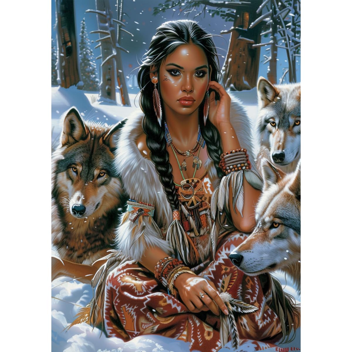 5D Diamond Art Painting by Number Kits for Adults American Native Indian Woman and Wolf DIY Paint with Full Drill Round Diamond Gems Painting Art Craft for Home Wall Decor 11.8x15.8in(10) Generic