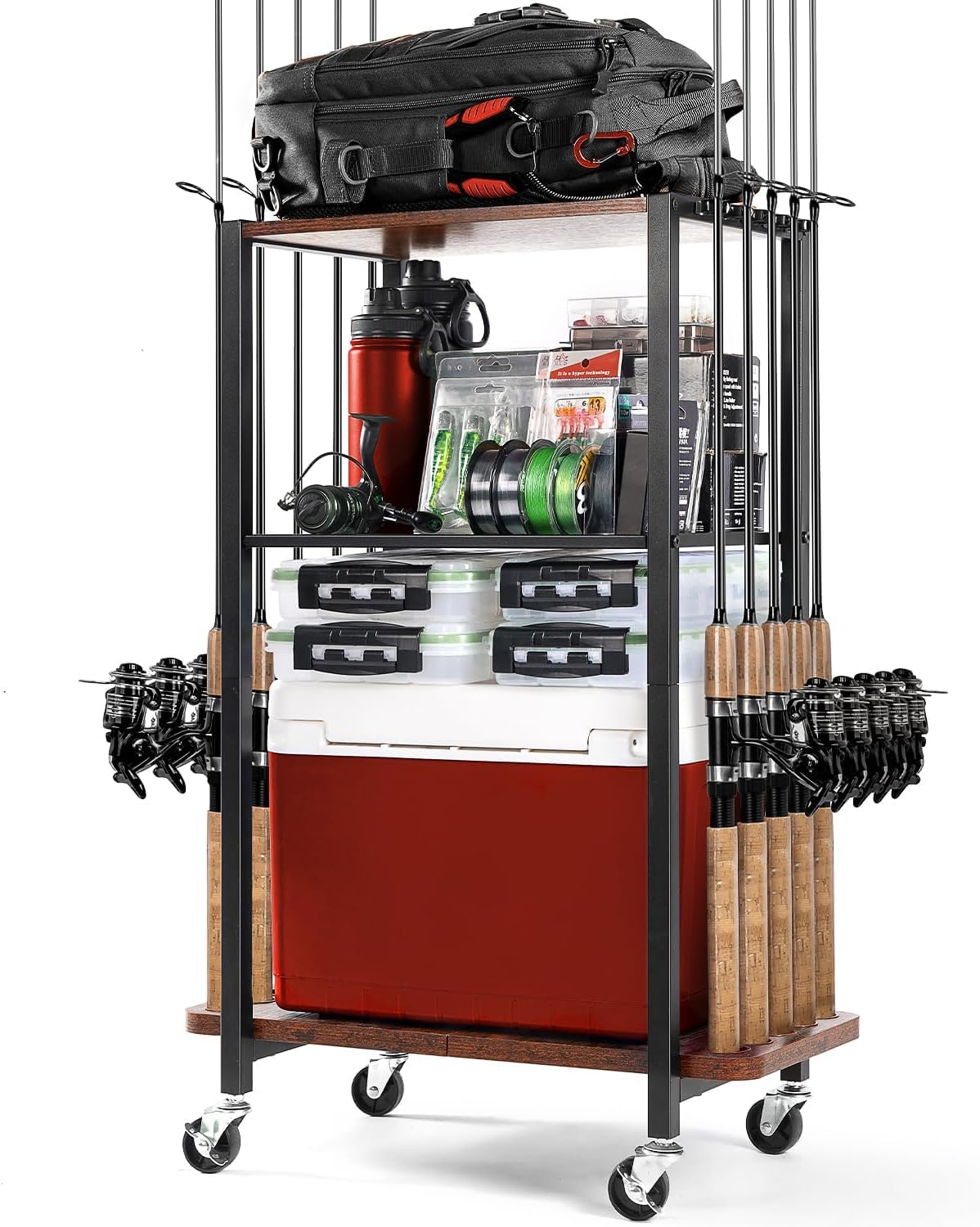 Ghosthorn Fishing Rod Holders for Garage Fishing Gear and equipment Rotating Tackle Storage Cart Pole Rod Rack Hold up to 10 Rods Ghosthorn