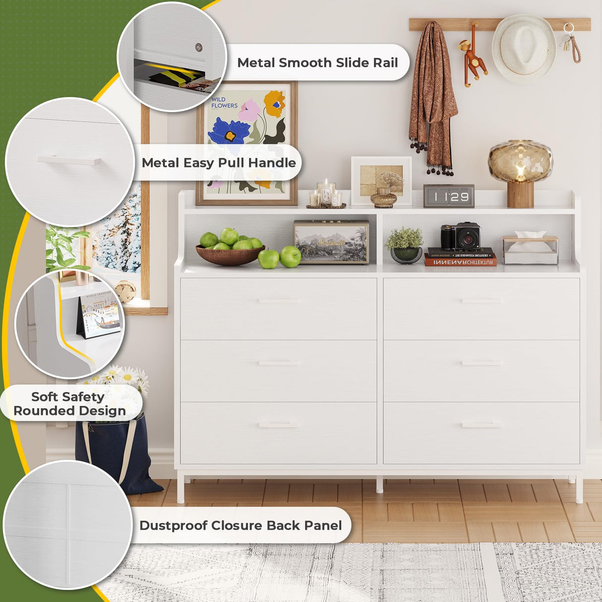 Hasuit 6 Drawers Double Dresser with Shelves, Large Wooden Storage Tower Organizer, Wide Chest of Drawers, White Dresser for Bedroom, Living Room, Entryway Hasuit