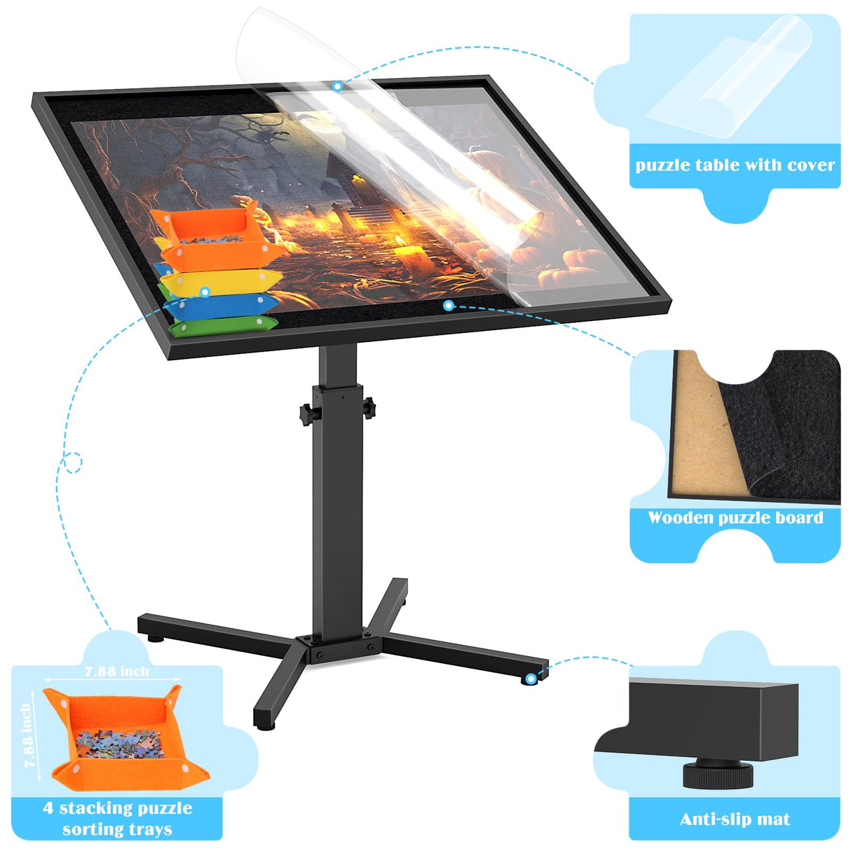 1500 Piece Jigsaw Puzzle Table with Leg, Metal Jigsaw Puzzle Table Adjustable Angle & Height,4 Trays and Semi Transparent Puzzle Cover, 28"x35" Jigsaw Puzzles Table for Adults and Kids Birthday AIMUCT