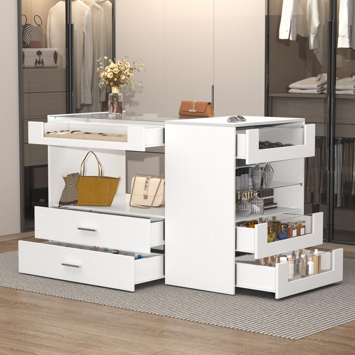 Closet Island with Drawers, 9 Drawers & 2 Shelves – White Jewelry Storage Vanity Island with Glass Top for Closet & Walk-in Wardrobe – 47.2" W x 23.6" D x 31.5" H GOFEI