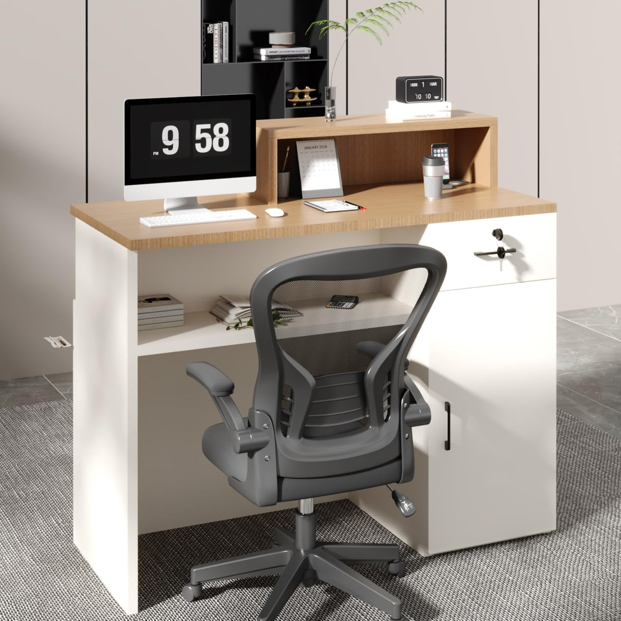 YTElantivo Reception Desk with LED Light and Locking Drawer – 47.2" Small Front Desk for Salon, Office, Retail, Lobby or Checkout Counter Use YTElantivo