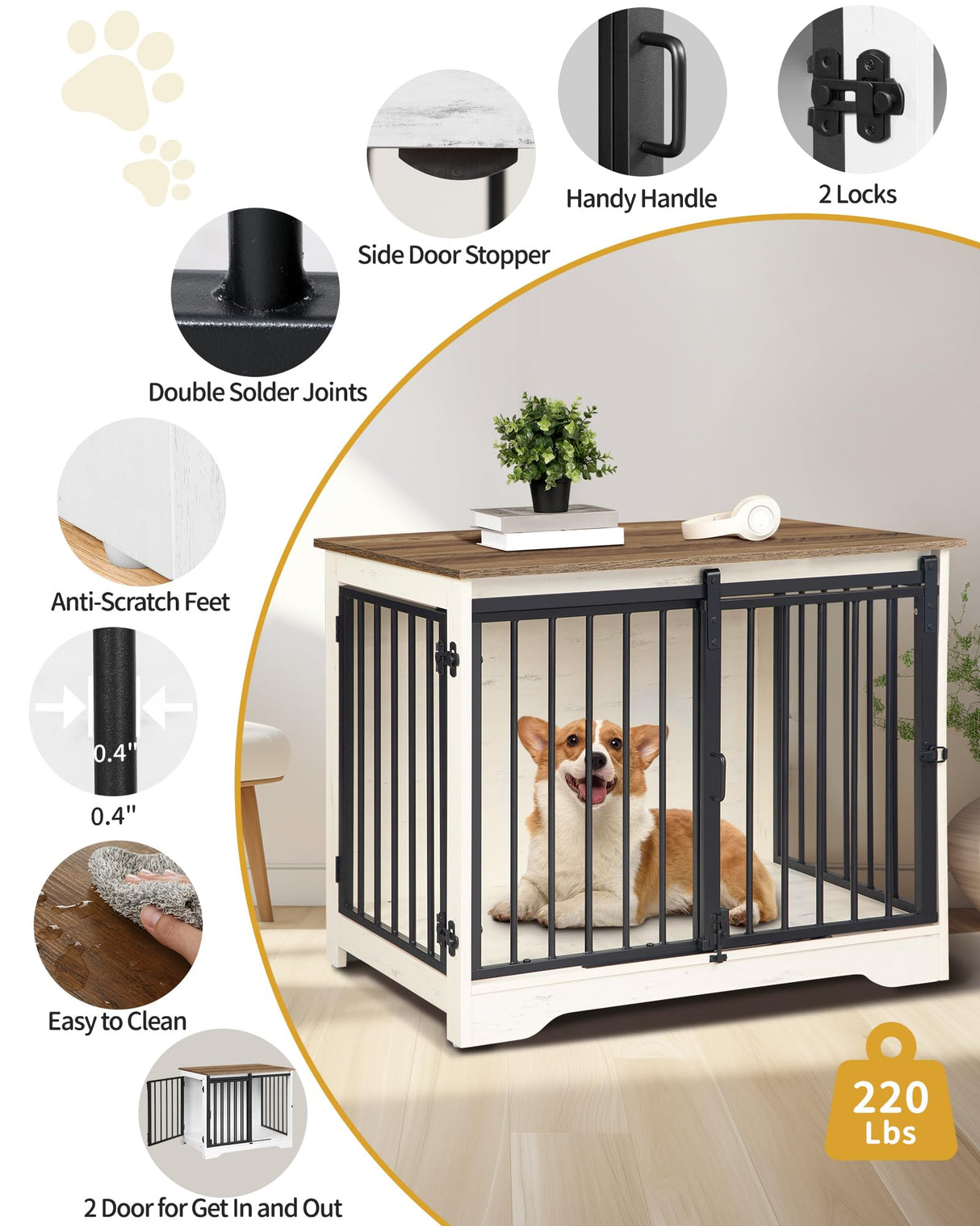 Hzuaneri Dog Crate Furniture, 32" Double Door Dog Crate with Barn Door, Dog Kennel Indoor, End Side Table Wooden Dog Crate for Small Medium Large Dog, Anti-Chew Anti-Escape, White Brown Hzuaneri