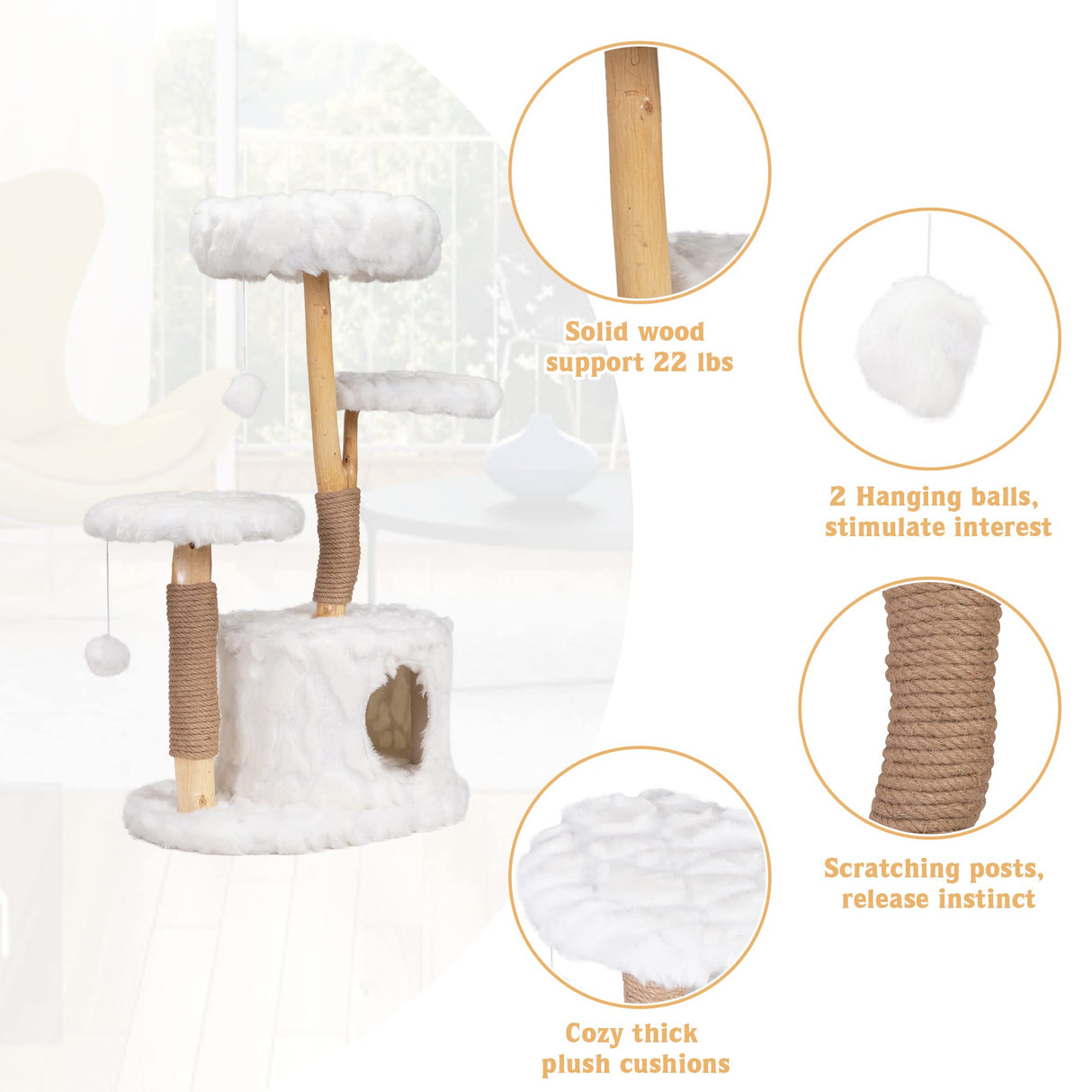 COZIVVOVV Modern Cat Tree, Natural Branch Cat Tower with Condo and Climbing Perches, Kitten Scratching Tree, Cat Furniture Gift, White COZIVVOVV