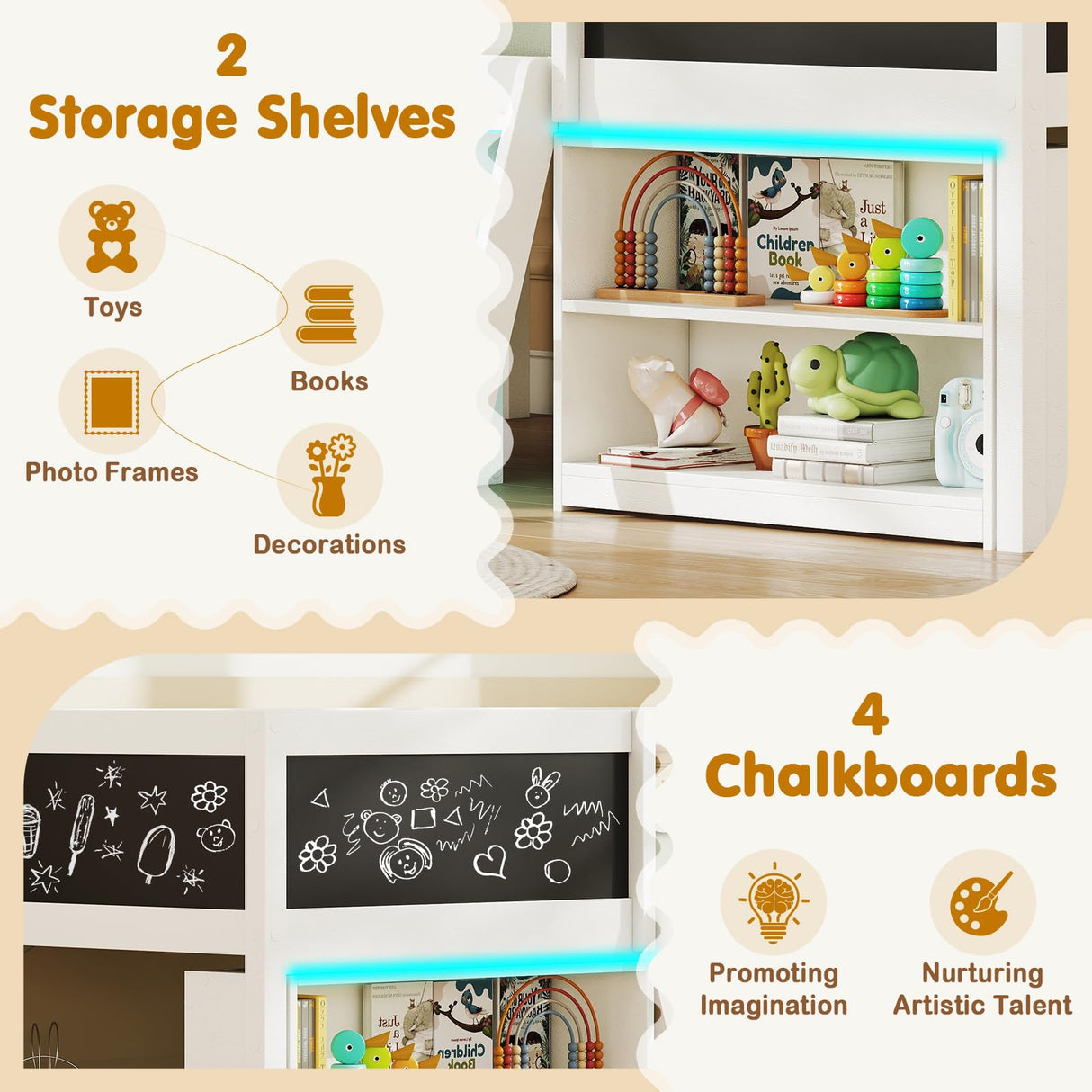 Giantex Low Loft Bed with LED Lights, Wooden Twin Size Loft Bed with Ladder & Blackboard, Twin Bed Frames for Kids with Storage 2 Bookcases and Play Space, White Giantex