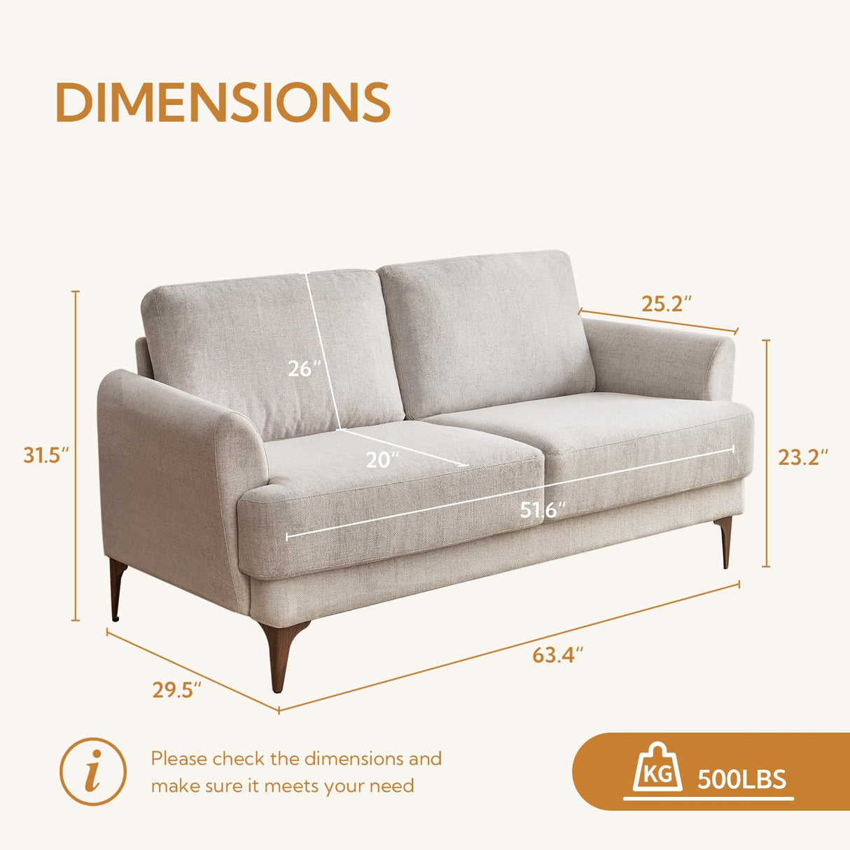 Atopston 63" Fabric Loveseat Sofa, Mid-Century Modern Decor 2 Seater Love Seat Couches, Comfy Armrest Small Couch with Wood Grain Legs for Living Room Apartment, Beige Fabric Atopston