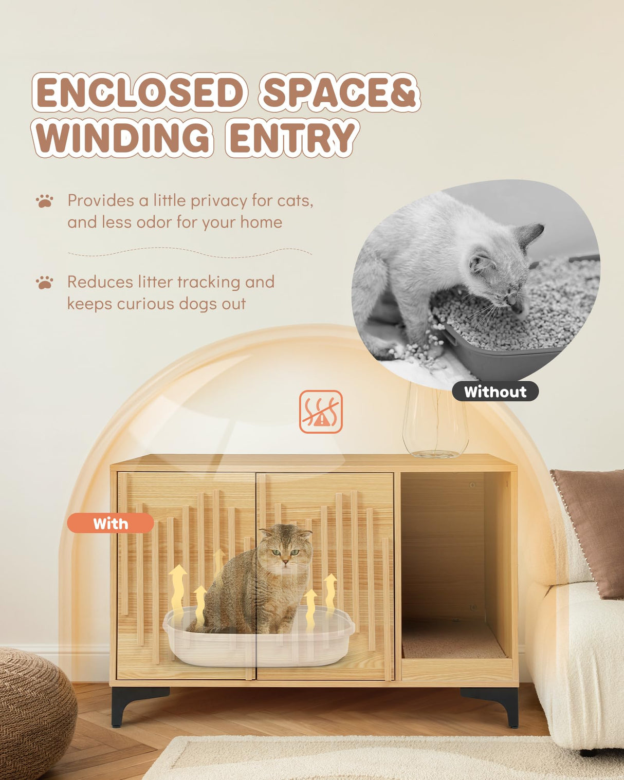 JubiNatural Cat Litter Box Enclosure,Stylish Hidden Litter Box Furniture, Modern Cat Litter Furniture Cabinet, Side End Table, Cat House with Scratch Pad, for Living Room, Bedroom, Entry Foyer JubiNatural
