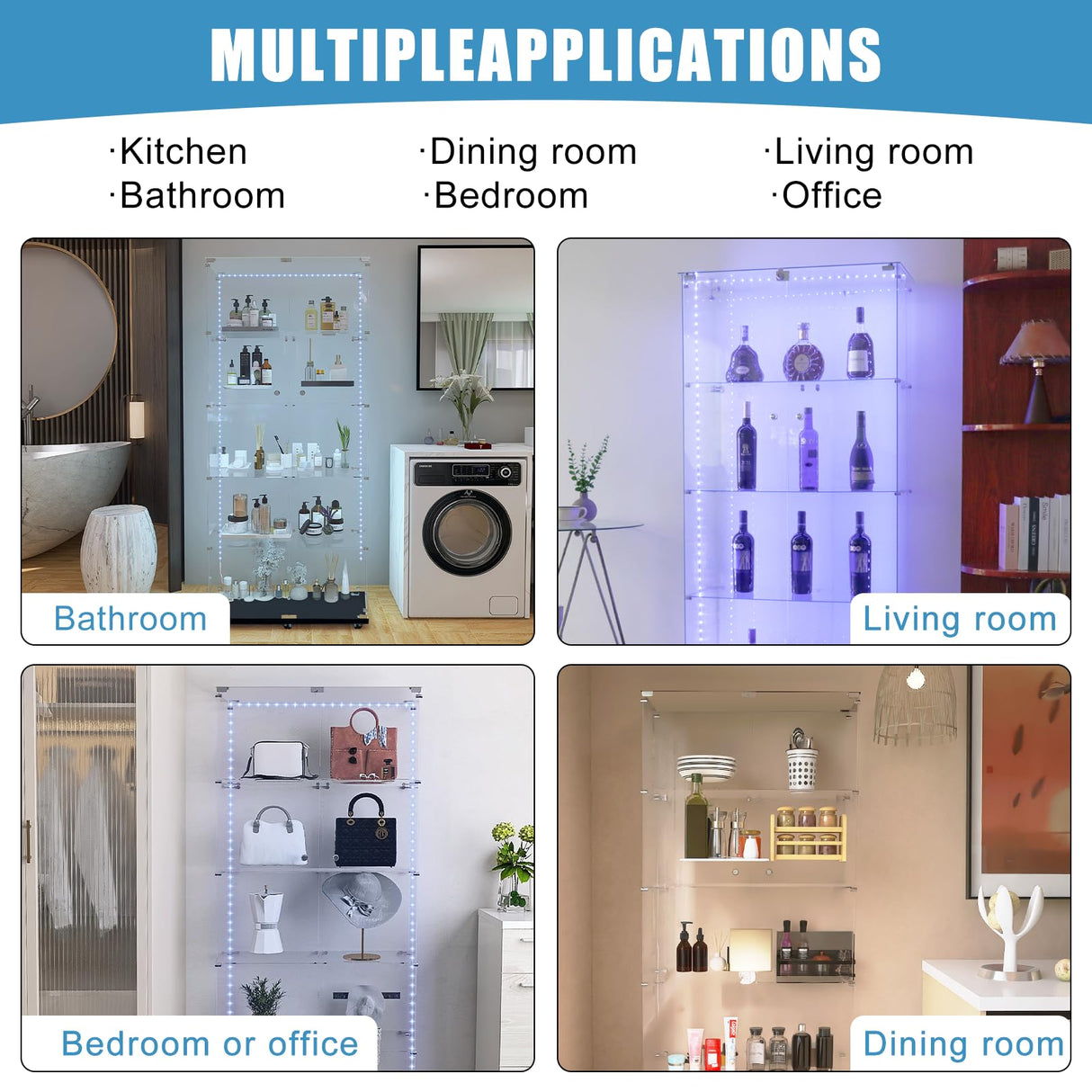 Fetuero Glass Display Cabinet,5 Shelves Double Door LED Lights Curio Cabinet for Collection with Wheels, 74.8" High Glass Display Case for Living Room Bedroom Playroom Office,White Fetuero