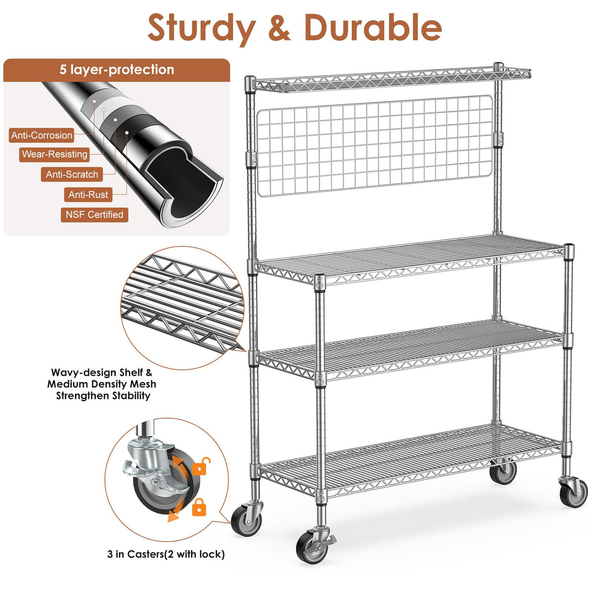 Leteuke Bakers Rack with Storage & Wheels, 42 Inch Microwave Stand Kitchen Shelves, 4-Tier Heavy Duty Storage Rack with 20 S-Hooks, Commercial Metal Utility Kitchen Cart, 42× 18× 63 Inch, Chrome Leteuke