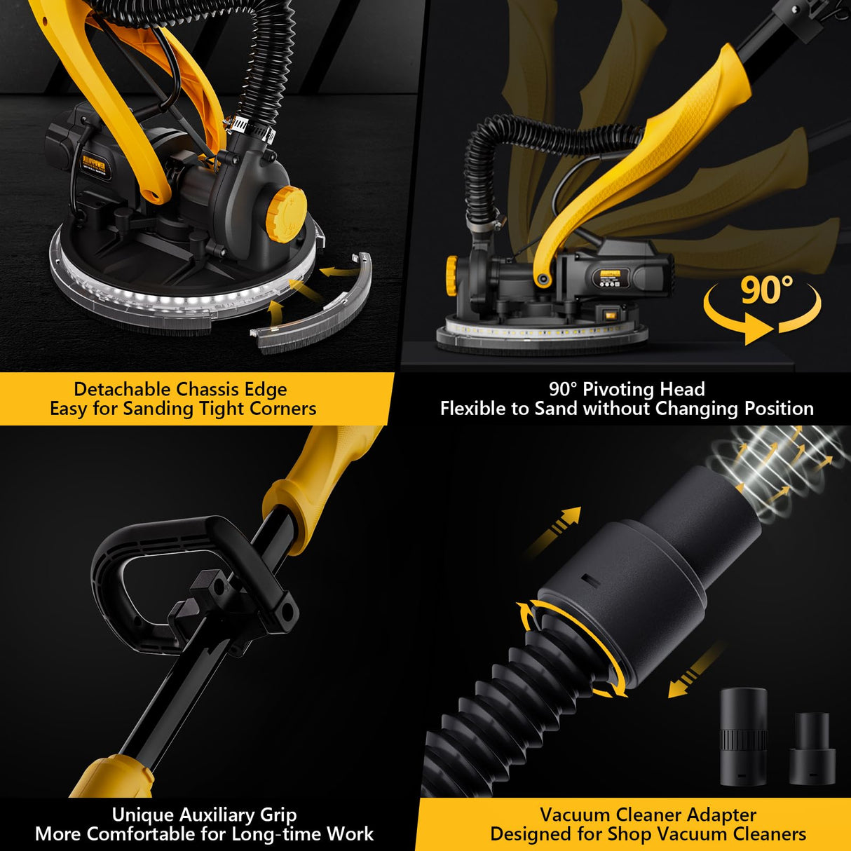 Drywall Sander, 1050W Electric Drywall Sander with Vacuum Dust Collection, 2100RPM Wall Sander with 7 Variable Speed, Foldable & Extendable Handle, Double-Deck LED Light, Dust Bag and Hose Alloyman