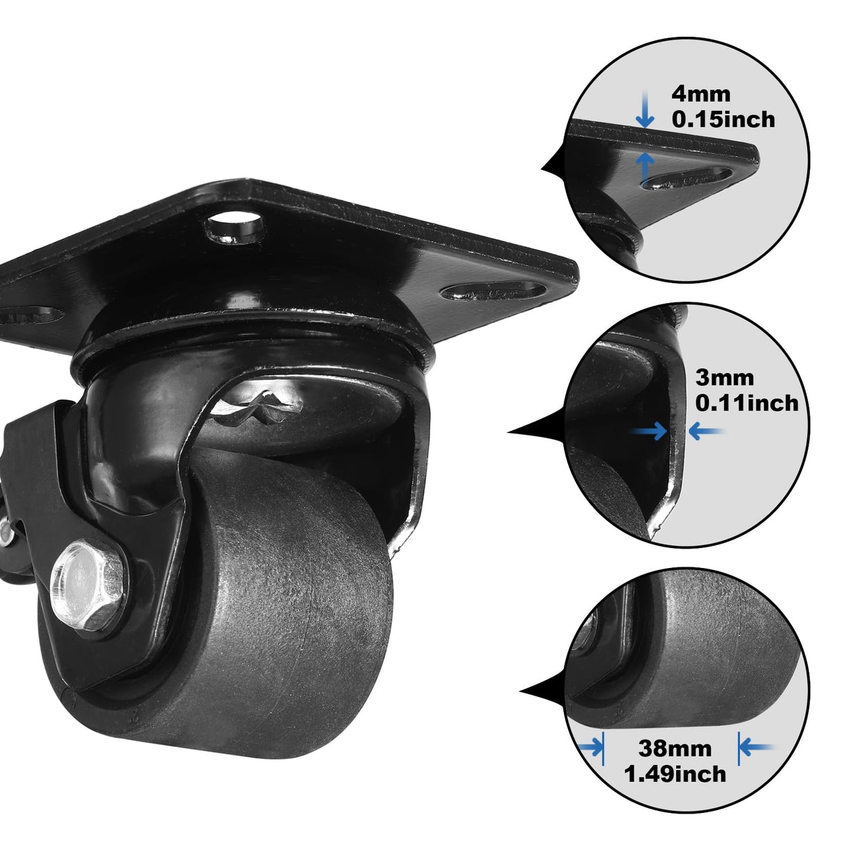 W B D WEIBIDA 2-inch Plate Swivel Caster Wheels Set of 4 Heavy Duty, Load Capacity 2200lbs, Low Gravity Center Black Extra Width Caster with Brake, Durable & Quiet & Sturdy Nylon Wheels for Industrial W B D WEIBIDA