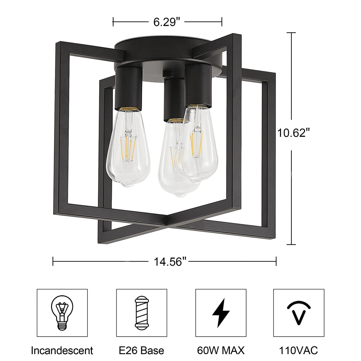 Bosomfr 3-Light Ceiling Light Fixture, Black Semi-Flush Mount Chandelier with Geometric Metal Shade, Farmhouse Industrial Lighting for Kitchen Living Room Bedroom Hallway Foyer, E26 Base Bosomfr