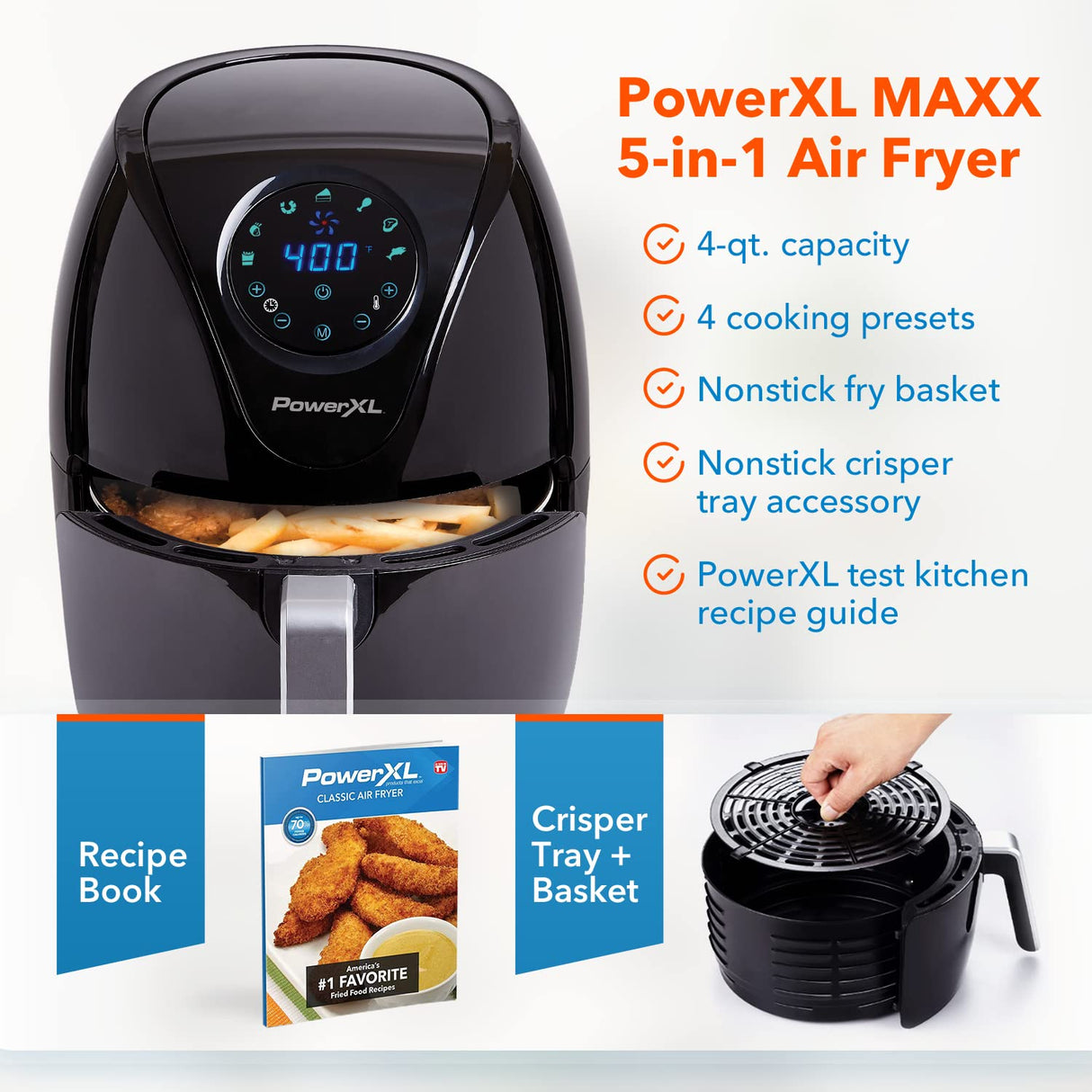 PowerXL Air Fryer 4 QT Maxx, Special Edition 2022, Extra Hot Air Fry, Cook, Crisp, Broil, Roast, Bake, High Gloss Finish, Black (4 Quart) PowerXL