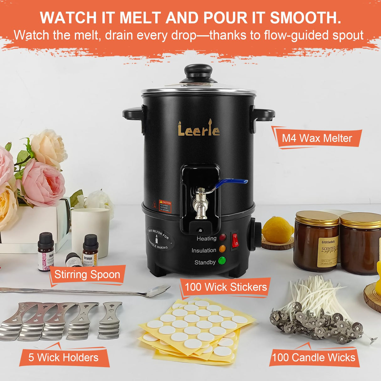 Leerie M4 8Lbs Wax Melter for Candle Making – Heating Core Brass Spout & Temp Control, No Clog, Easy to Clean – Electric Wax Melting Pot for DIY Candle Makers & Beginners Leerie