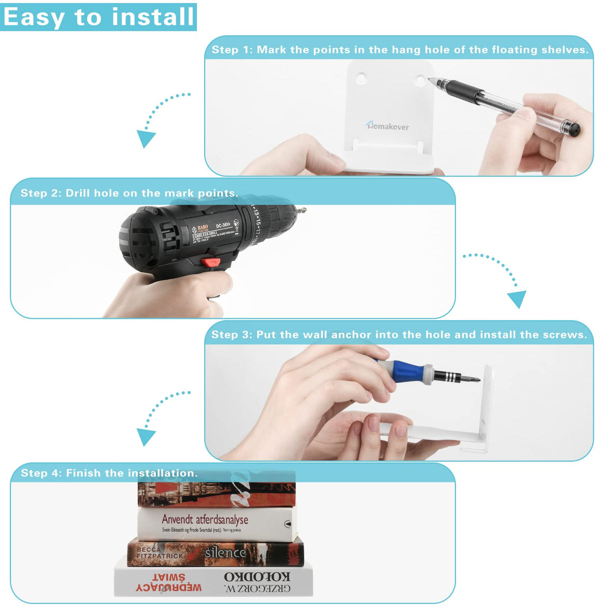 Homakover Invisible Floating Bookshelves, Heavy-Duty Book Organizers, Wall Mounted Bookshelf, Iron Storage Shelves for Bedroom, Living Room, Office (Small) (2 Pieces, White) Homakover