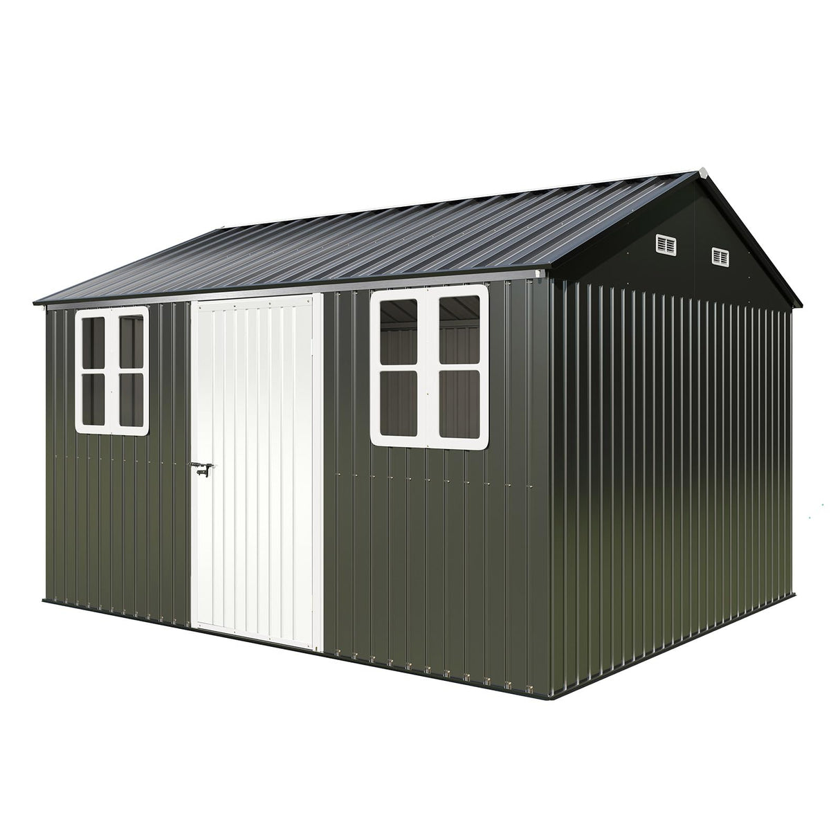 Vanacc 12x10.3x8.1 FT Galvanized Steel Outdoor Storage Shed with a Lockable Hinged Door and 2 Windows, Metal shed for Garden, Backyard, Dark Grey/White VanAcc