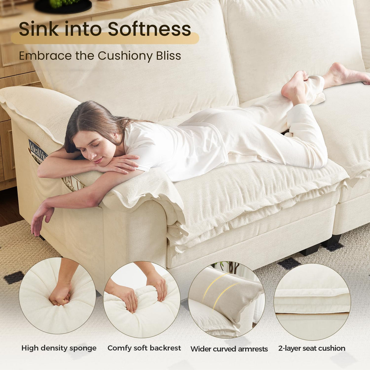 KKL J-Shaped Modular Sectional Sofa, 5 Seater Cloud Couch with Ottoman, Chenille Sectional Couches for Living Room, Apartment, Beige KKL