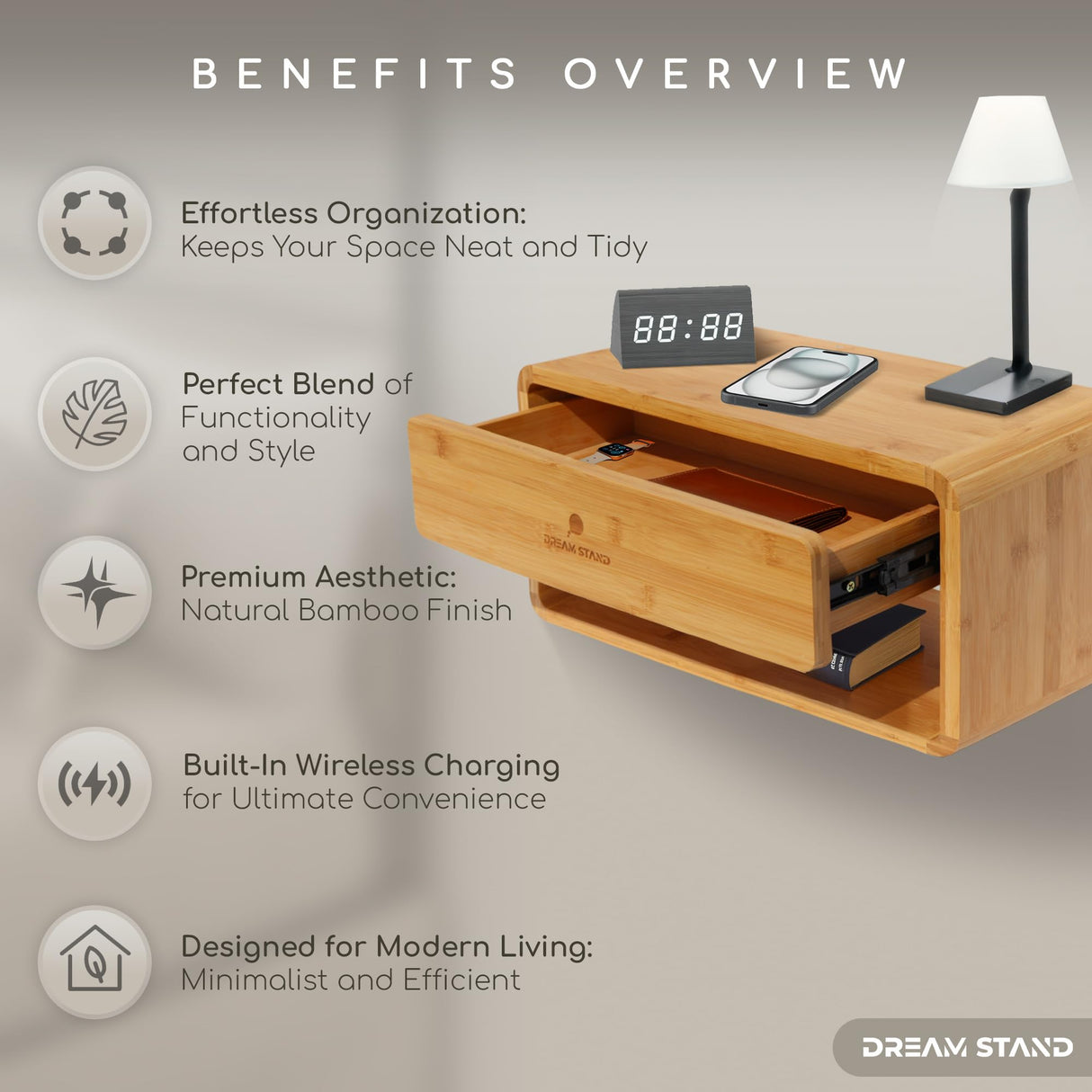 Floating Nightstand with Drawer & Charging station/Wall Mounted Bedside Table, Floating Shelf Nightstands for Small Spaces/Modern Bamboo Wall Mounted Night stand for Bedroom & Living Room/Easy Install Generic