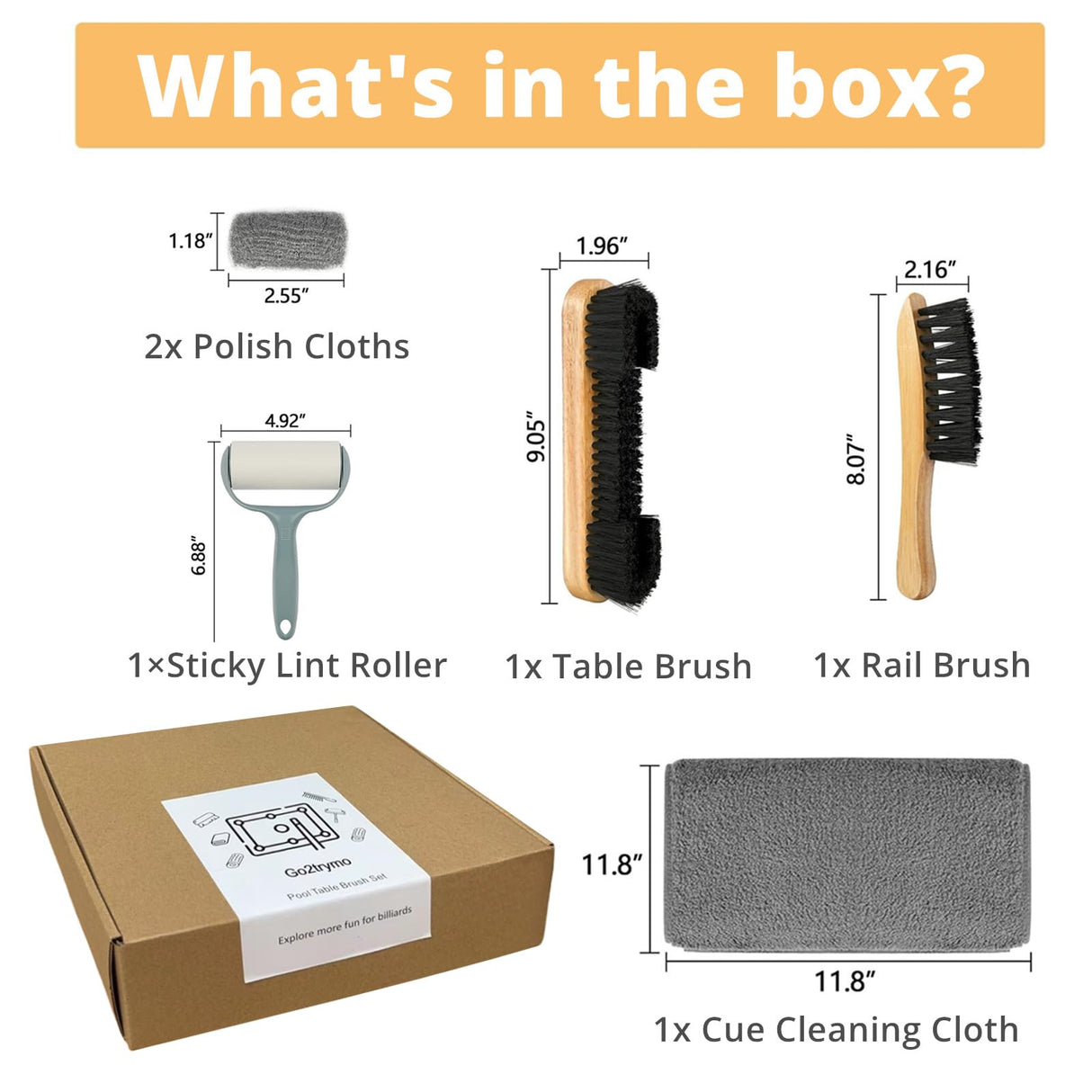 Go2trymo Pool Table & Rail Brush 5 Set, Billiard Pool Table Felt Cleaner Accessories with 2 Wooden Pool Table Brushes, Cue Cleaning Cloth, Ferrule Polish Cloth & Sticky Lint Roller Go2trymo