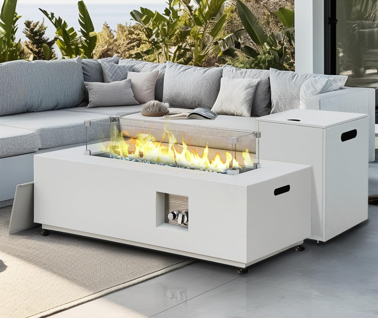 NICESOUL 42'' Outdoor Rectangle Fire Pit Table, Modern Low Profile Patio Firepits with Tank Table, 50,000 BTU Firepit Table for Outside, Exterior, Porch, Backyard or Garden, No Assembly, Grayish white NICESOUL