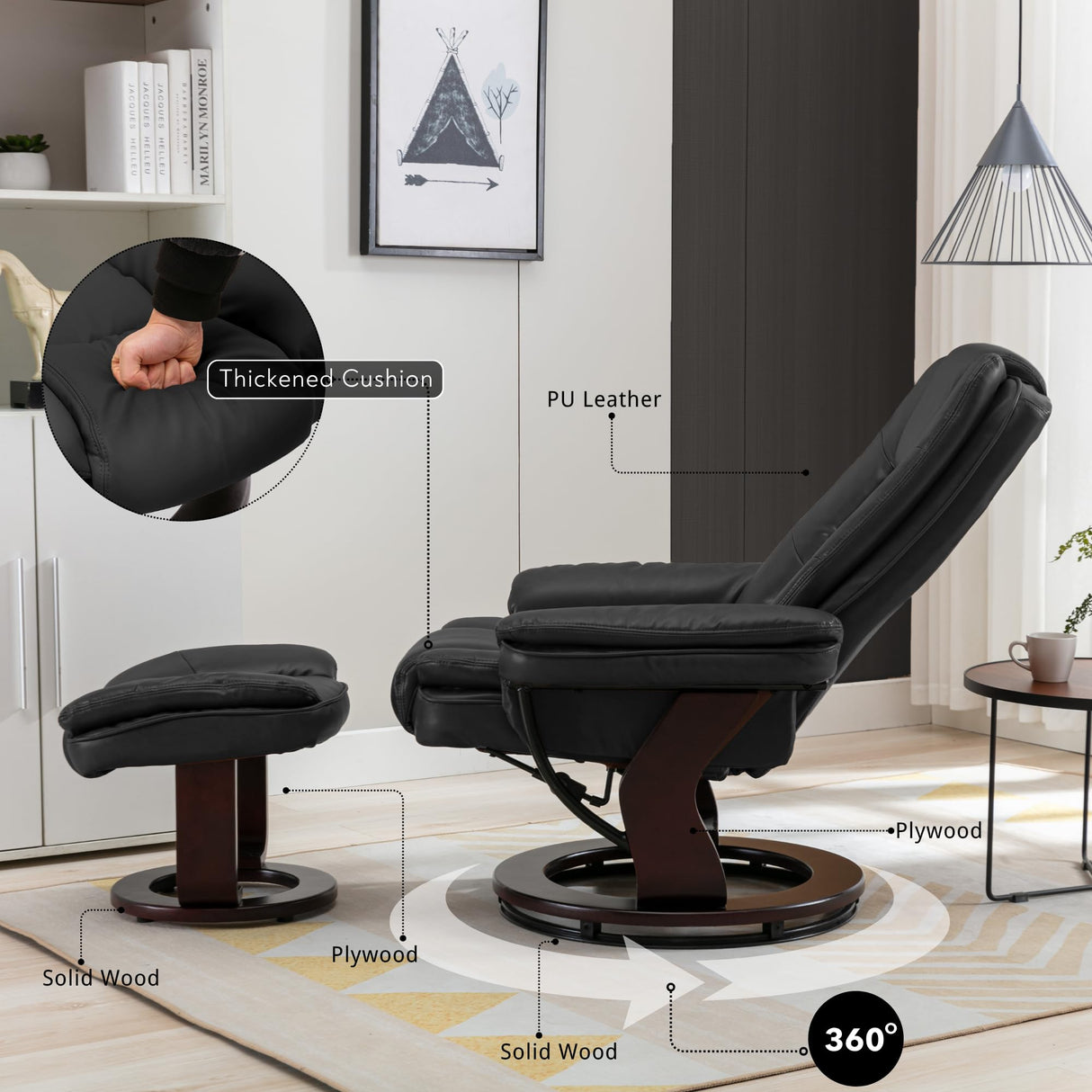 JC Home Argus Swivel Recliner with Ottoman, PU Leather & Wood Base Reclining Chair with Footrest, Ultra-Plush Double Foam for Living Room, Bedroom and Office JC Home