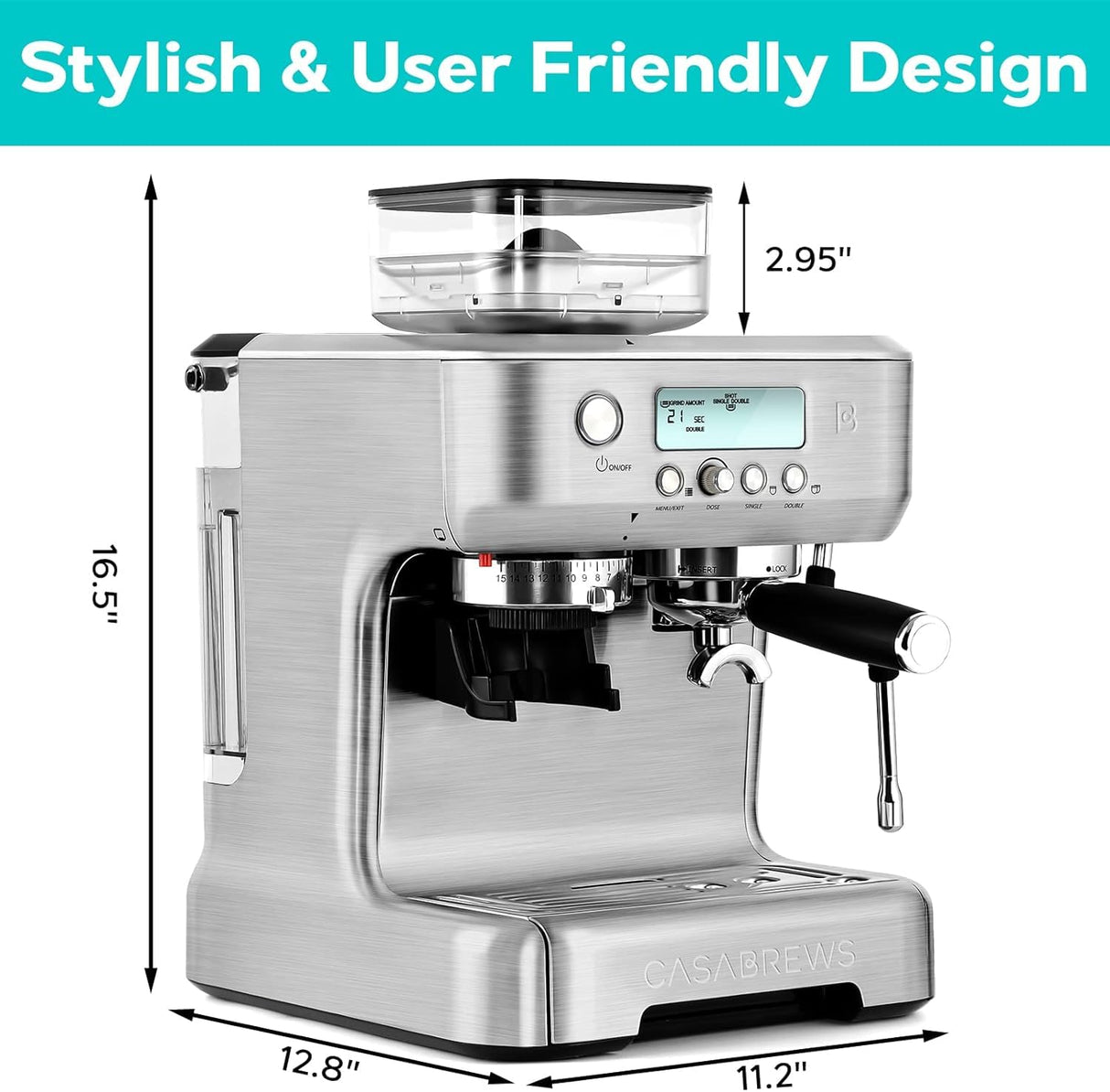 CASABREWS Espresso Machine with Grinder, Professional Coffee Maker with Milk Frother Steam Wand, Barista-Quality Cappuccino Latte Machine with LCD Display, Great for Coffee Enthusiasts CASABREWS