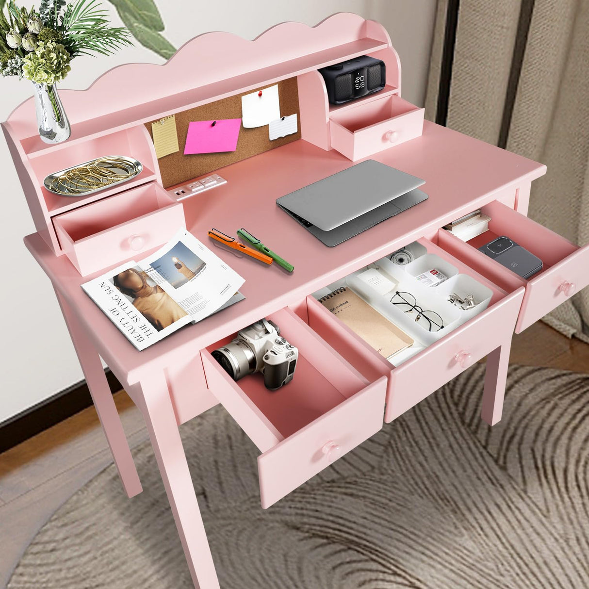 FUNKOCO Home Office Furniture Writing Desk,Computer Work Station with Detachable Hutch,5 Drawers(Pink) FUNKOCO