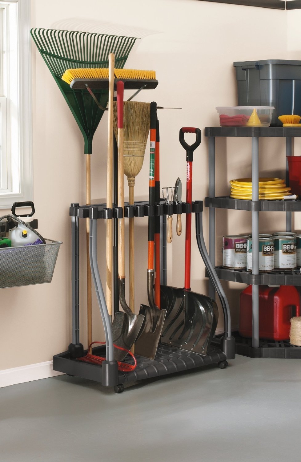 Rubbermaid Garage Tool Tower Rack, Easy to Assemble, Wheeled, Organizes up to 40 Long-Handled Tools/Rakes/ Brooms/Shovles in Home/House/Outdoor/Shed, Black Rubbermaid