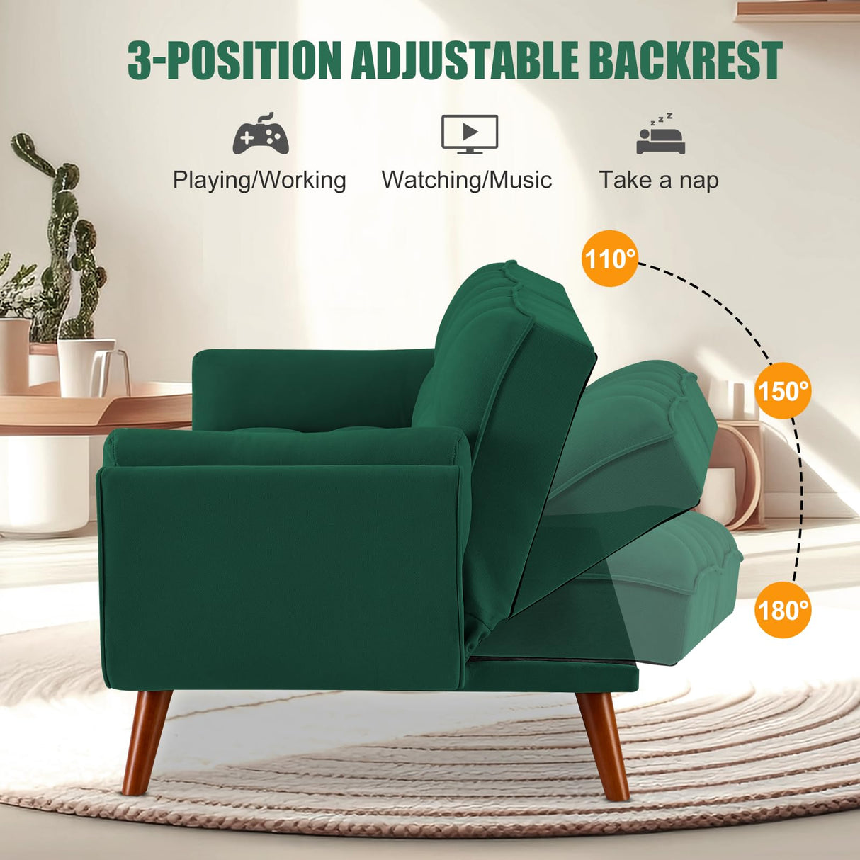 liuyouhom Convertible Futon Couch Bed, Sleeper Sofa Bed with Adjustable Backrests, Linen Loveseat Sofa 3 Seater Comfy Couch for Small Spaces, Living Room, Bedroom(Green, 75") liuyouhom