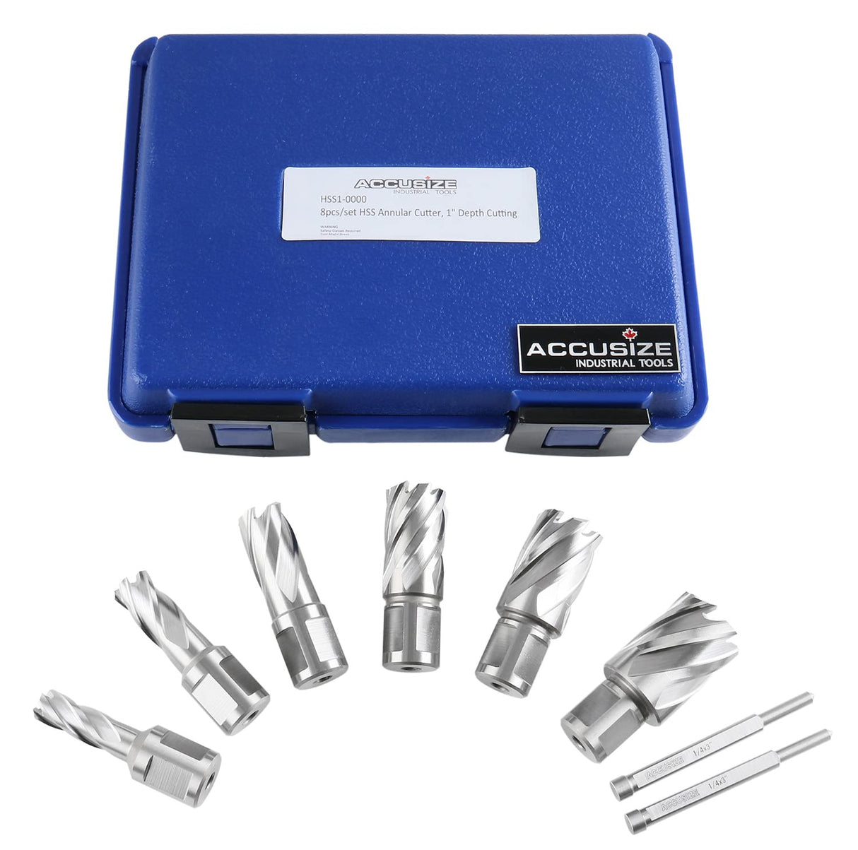 Accusize Industrial Tools Hss Professional Annular Cutter Set 1'' Cutting Depth, 7/16'' to 1-1/16'' with 3/4'' Weldon Shank, 8 Pc Set, HSS1-0000 Accusize Industrial Tools