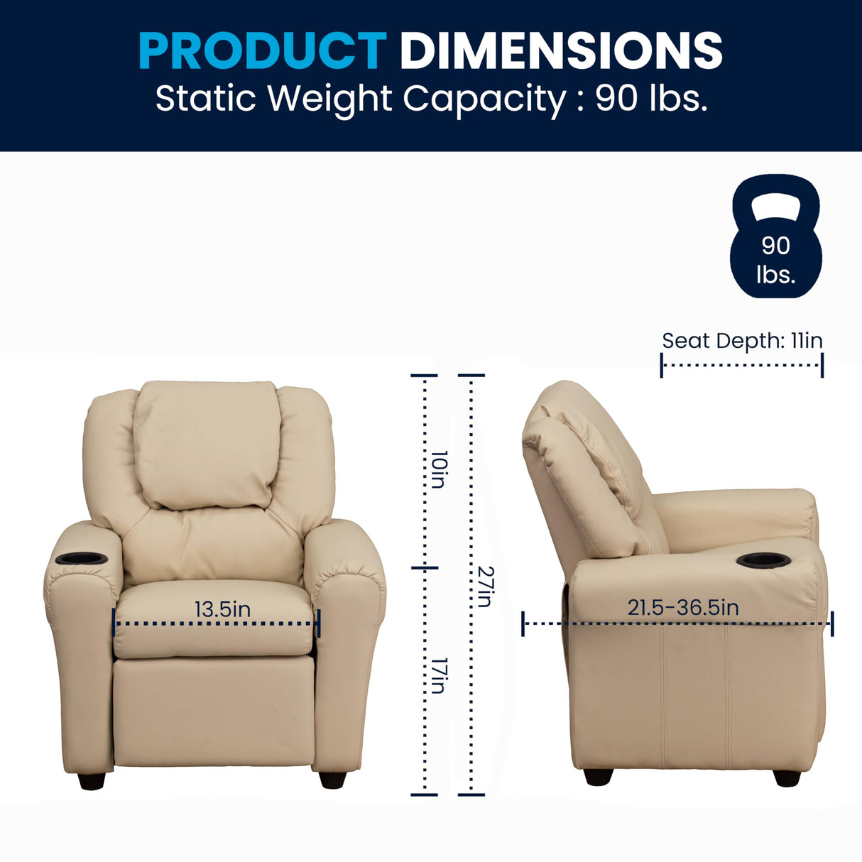Flash Furniture Vana Vinyl Kids Recliner with Cup Holder, Headrest, and Safety Recline, Contemporary Reclining Chair for Kids, Supports up to 90 lbs., Beige Flash Furniture