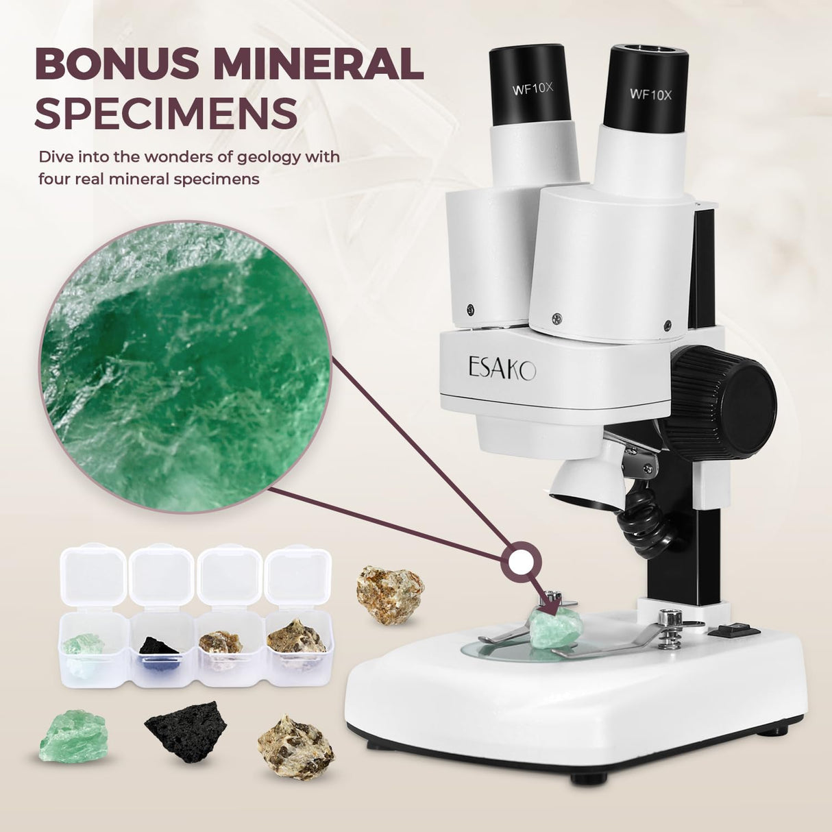 ESAKO Dual LED Kids Microscope - 52+ Piece Science Kit with Mineral & Insect Specimens, 10 Prepared Slides & 10 DIY Blank Slides, Microscope kit for Kids 8-12 ESAKO