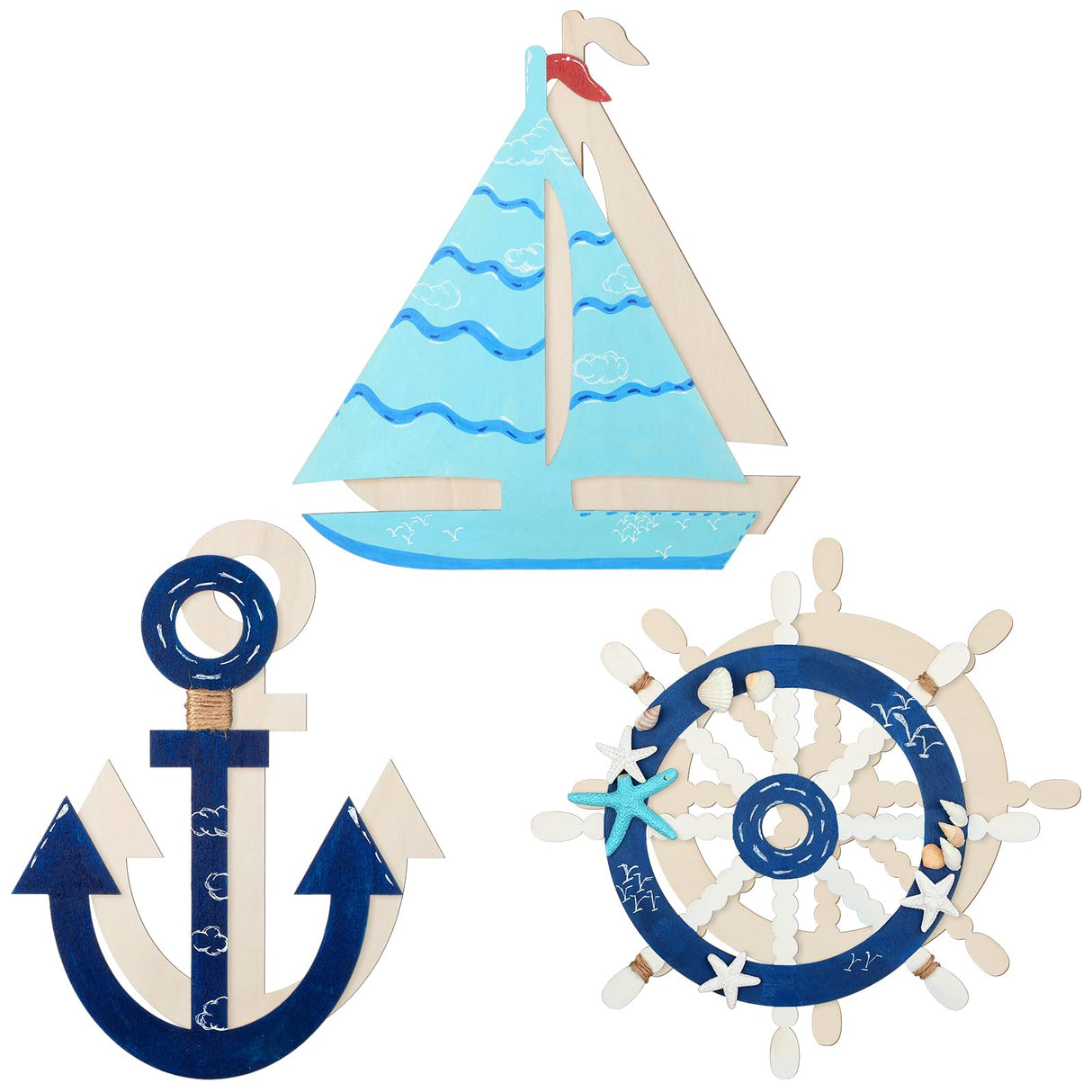 Burbell 6 Pack Large 11 Inches Unfinished Nautical Wood Cutouts for Crafts Unfinished Wooden Anchor Ship Wheel Boat for DIY Projects Nautical Party Decorations Burbell