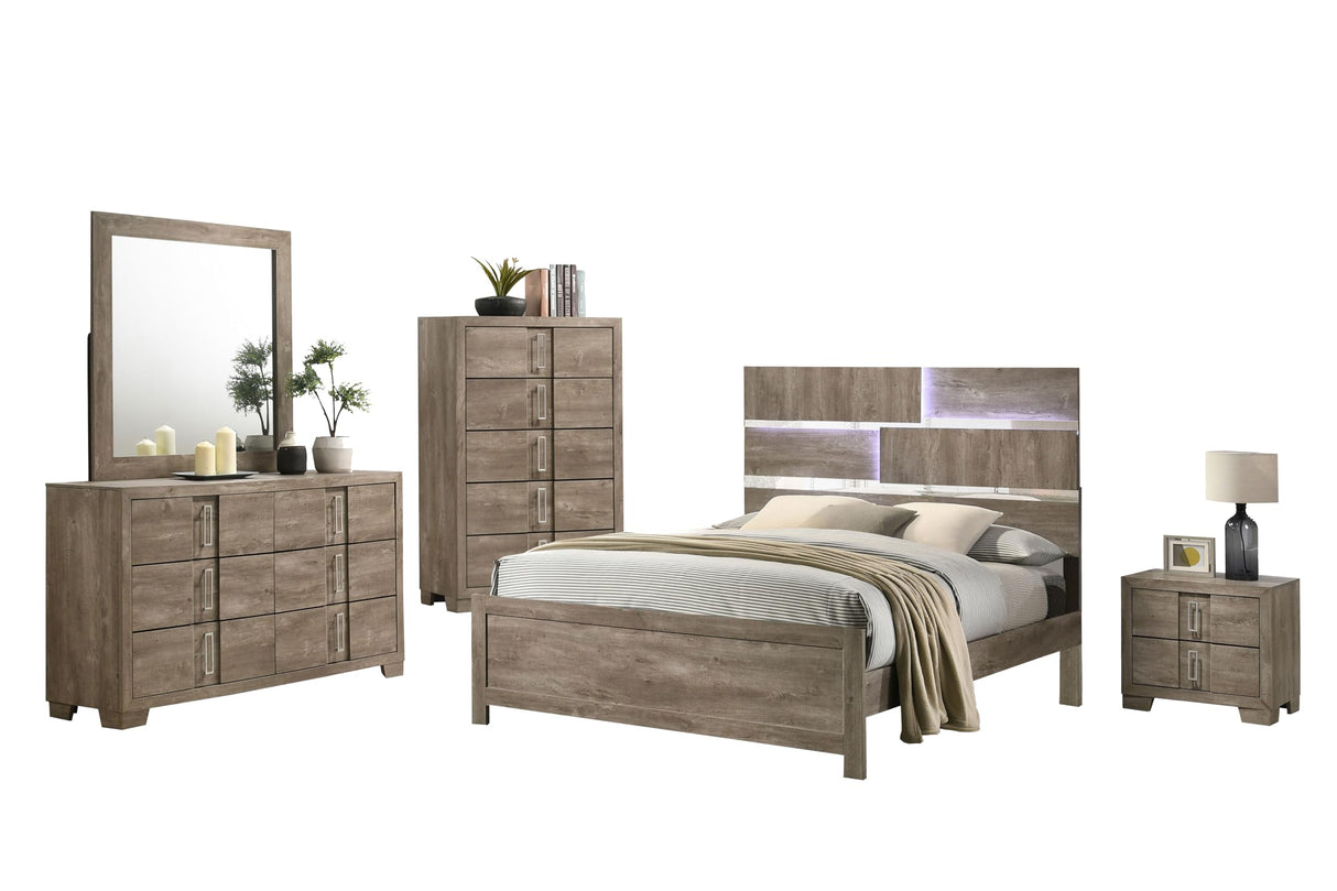 Kings Brand Furniture Dawson Modern 5-Piece Farmhouse Style Bedroom Set in Light Brown Finish - Bed Frame with LED Headboard, Dresser, Mirror, Chest and Nightstand (King Size) Kings Brand Furniture