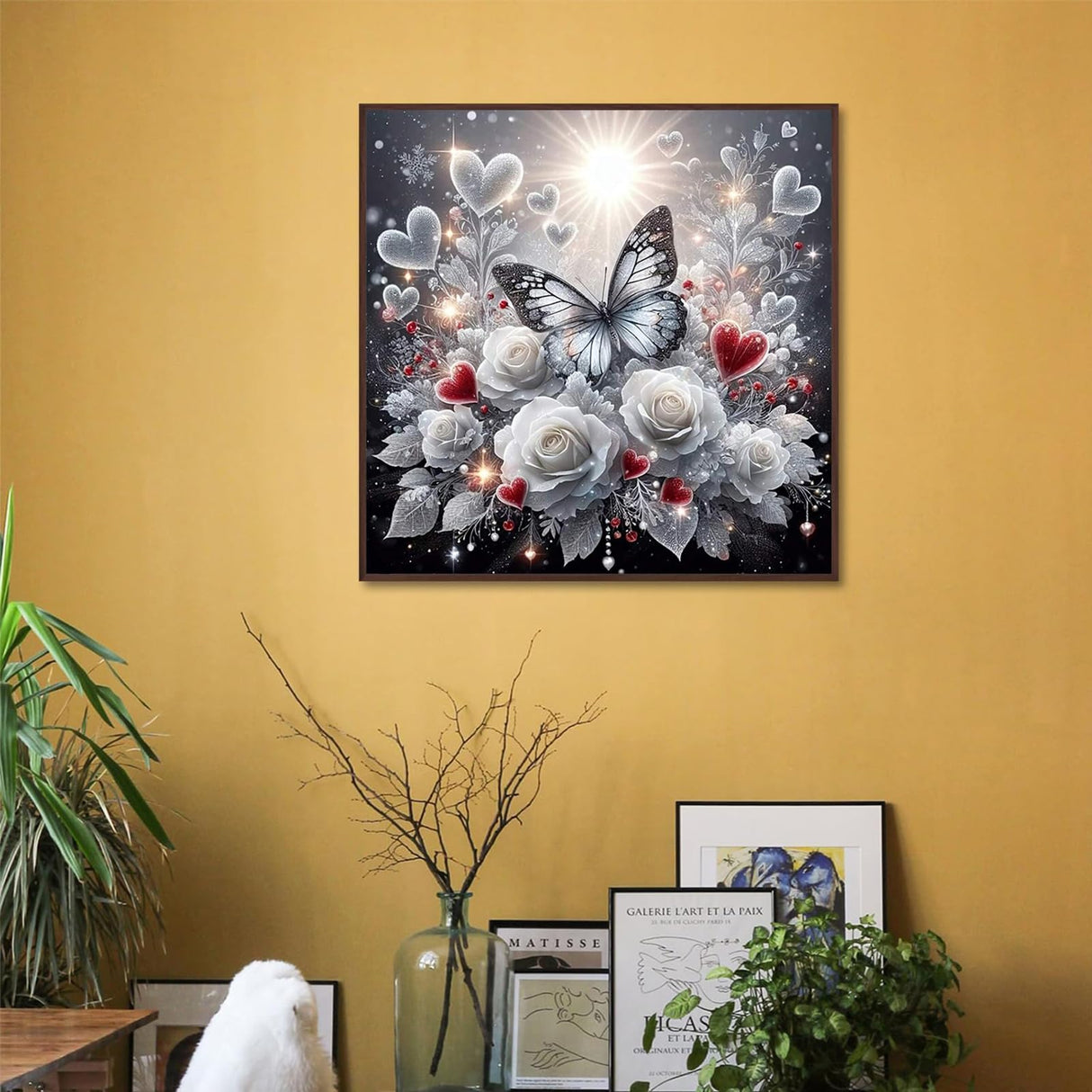 Gearock Butterfly Diamond Art Kits for Adults, 5D DIY White Rose Heart Beginners Diamond Painting Kits for Room Bedroom Living Room Bathroom Wall Decor 12x12 Inch Gearock