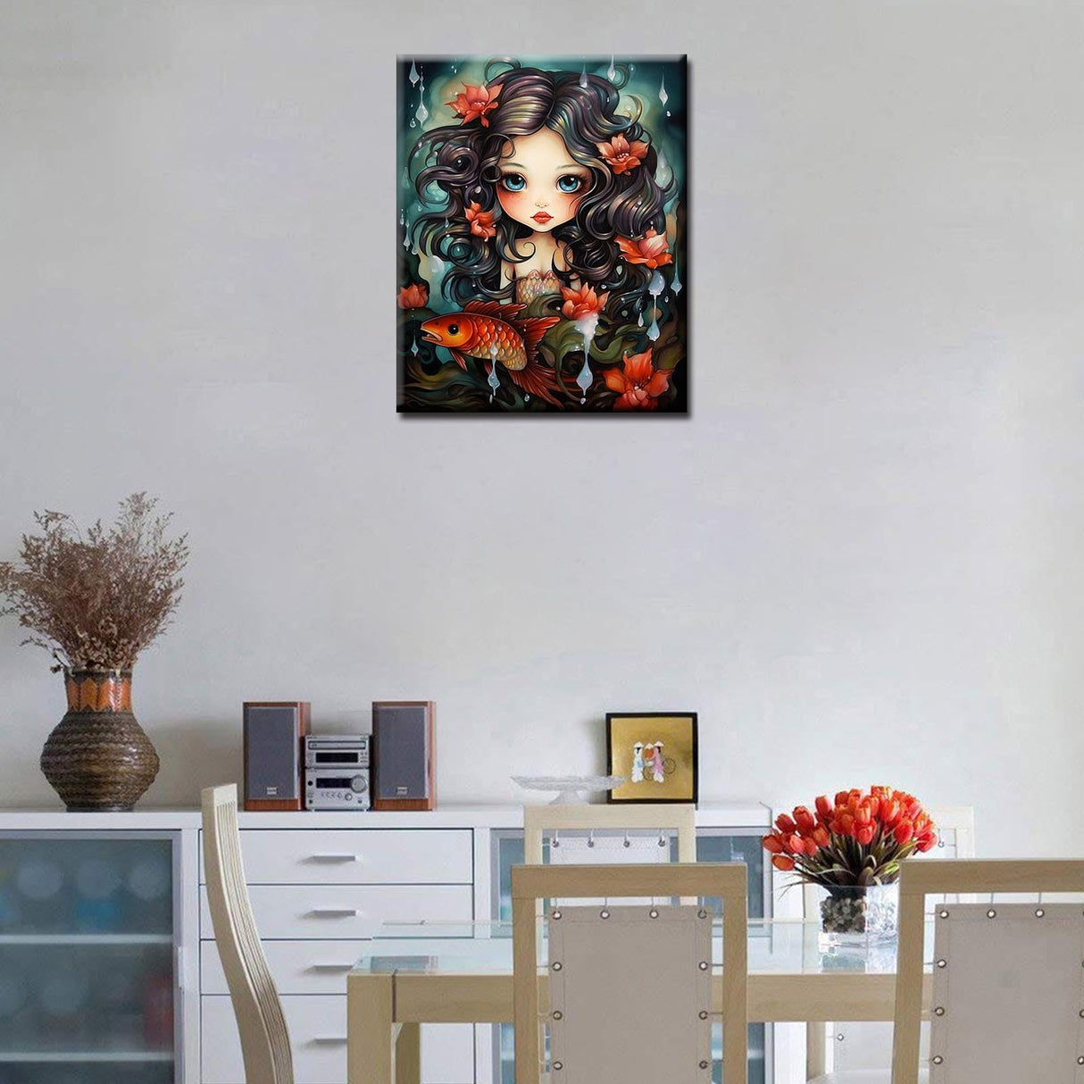 Fashion Girl with Fish Paint by Numbers Kits with Brushes Underwater World Sealife Acrylic Oil Painting for Adults Kids Tropical Flowers Pictures Craft 16''x20" inch Room Decor Boho Gift (Frameless) TUMOVO