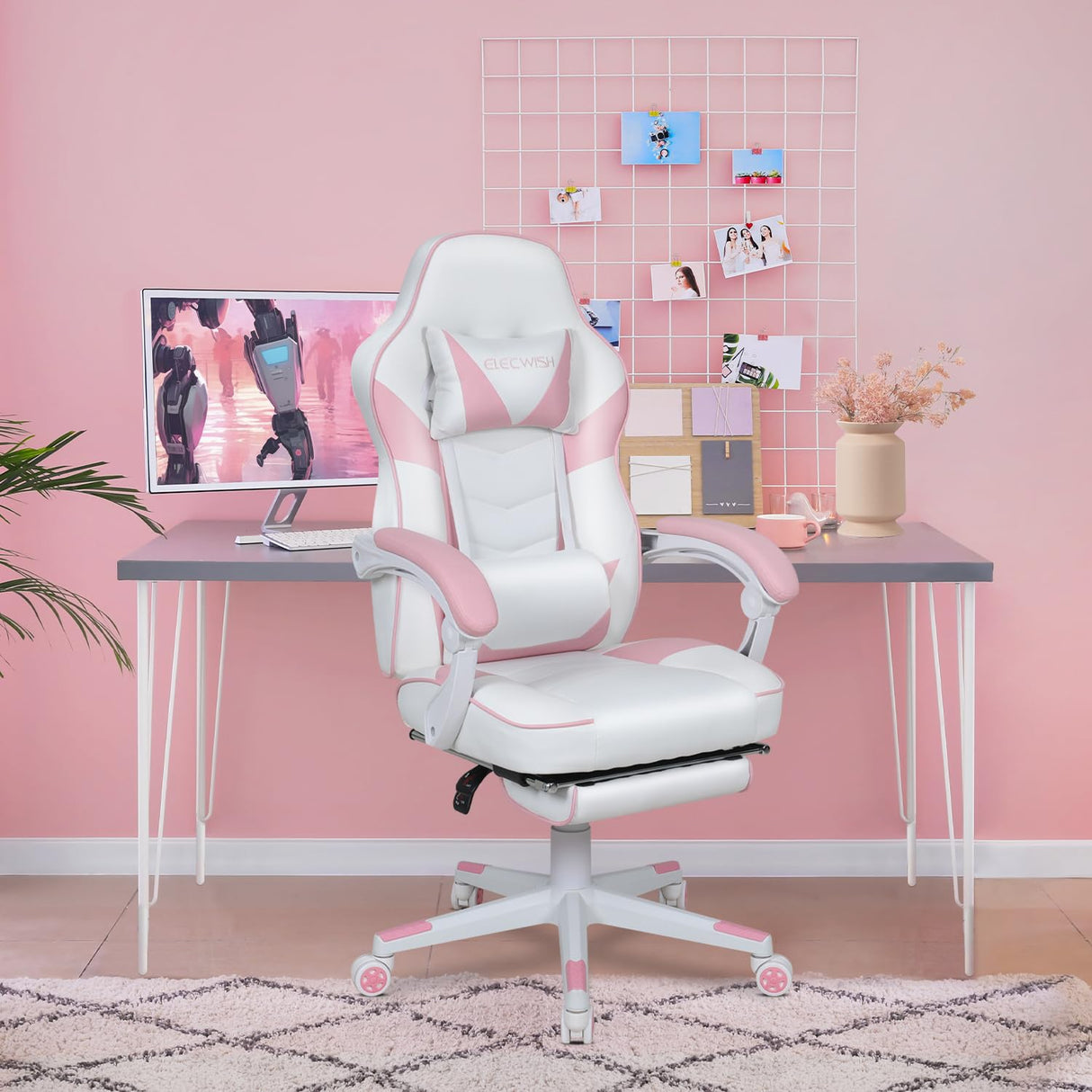 ARTETHYS Gaming Chair, Ergonomic High Back Racing PU Leather Computer Chair with Adjustable Footrest, Headrest and Lumbar Support and 90 to 150 Degree Tilt Pink ARTETHYS