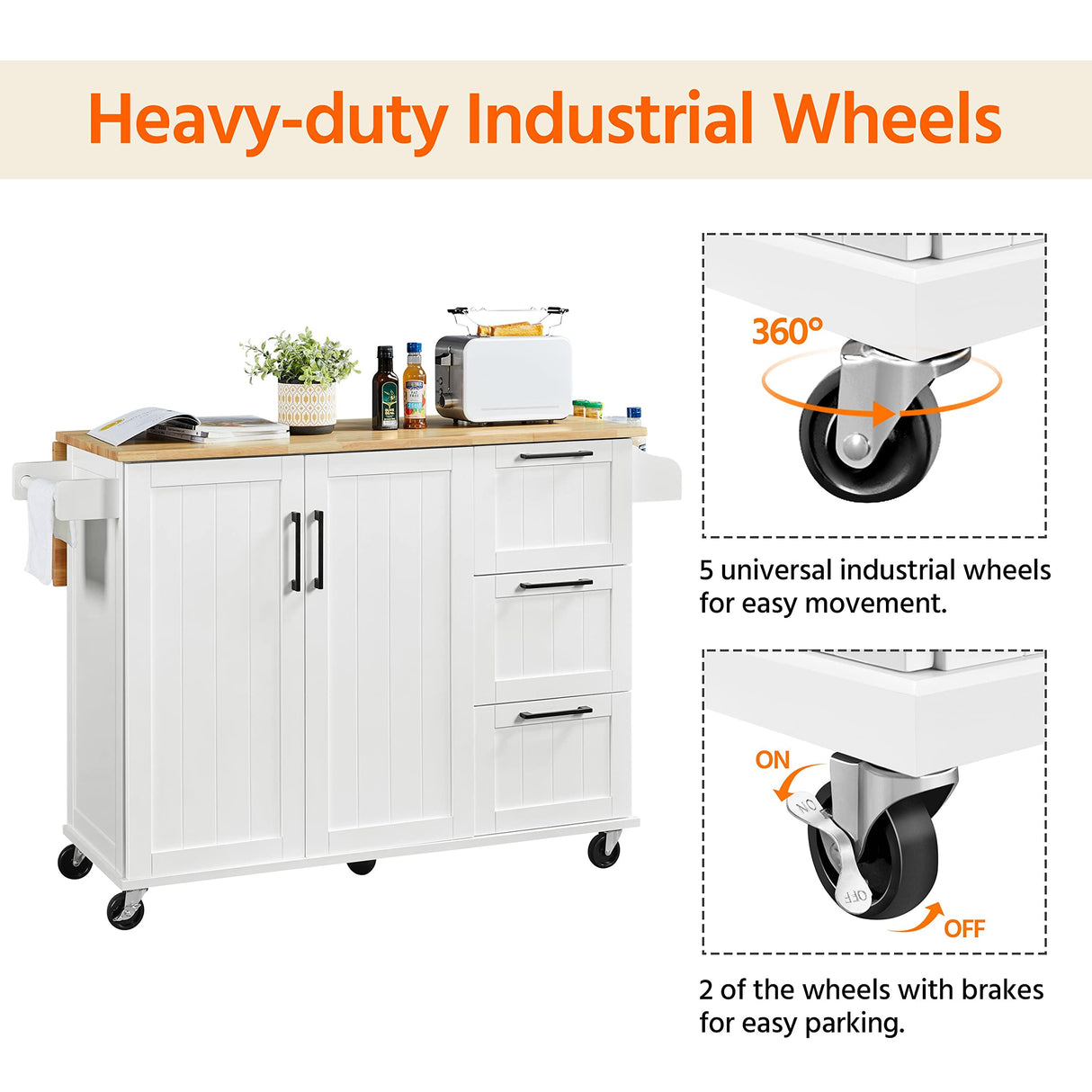 Yaheetech Kitchen Island with Drop-Leaf Breakfast Bar, 53" Width Kitchen Cart on 5 Universal Wheels with Rubberwood Top, Storage Cabinet, 3 Drawers, and Spice Rack for Dining Room, White Yaheetech