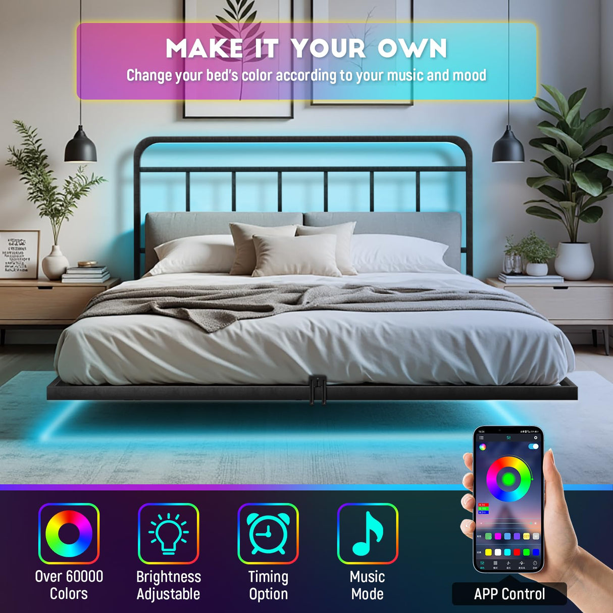 Domus Homeware Floating Queen Size Platform Bed Frame with LED Lights & Charging Station - Includes Powered Screwdriver for Assembly, Mattress Fasteners & Corner Pads, Hardened Steel Domus Homeware