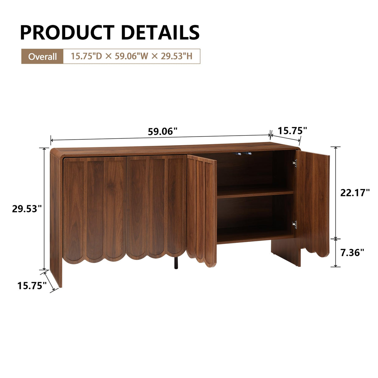 ORRD Sideboard Buffet Cabinet, Accent Storage Cabinet with 4 Doors, Farmhouse Wood Cabinet with Adjustable Shelves and Wave Panel for Living Room, Dining Room, Entry - Walnut ORRD