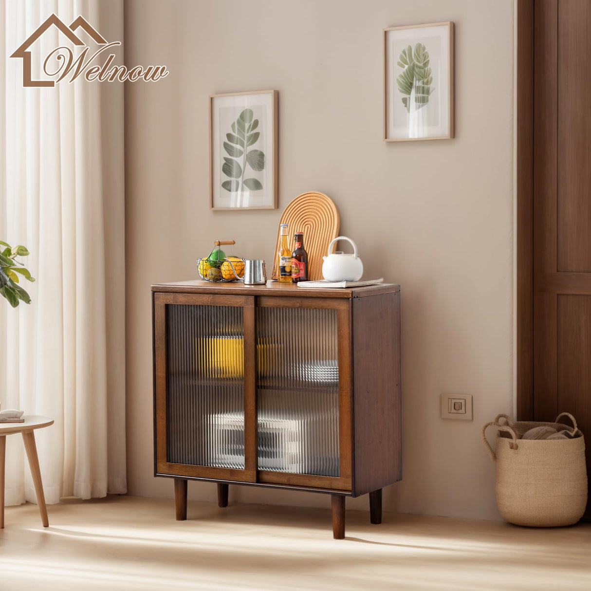 Welnow Buffet Cabinet, Bamboo Sideboard with Storage Kitchen Display Cabinet with 2-Tier Shelves Boho Coffee Bar Tables for Kitchen, Living Room, Entryway, Office, Walnut Welnow