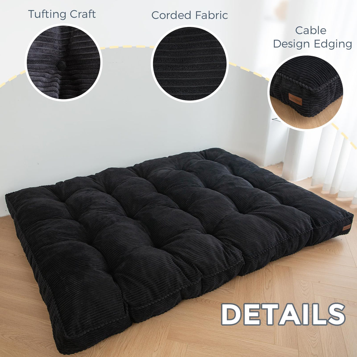 MAXYOYO 6" Futon Mattress Full Size, Tufted Futons Sofa Couch Bed with Twisted Rope Design Edging, Thick Corded Fabric Floor Mattress for Adults, Shredded Foam Filling (Frame Not Included), Black MAXYOYO