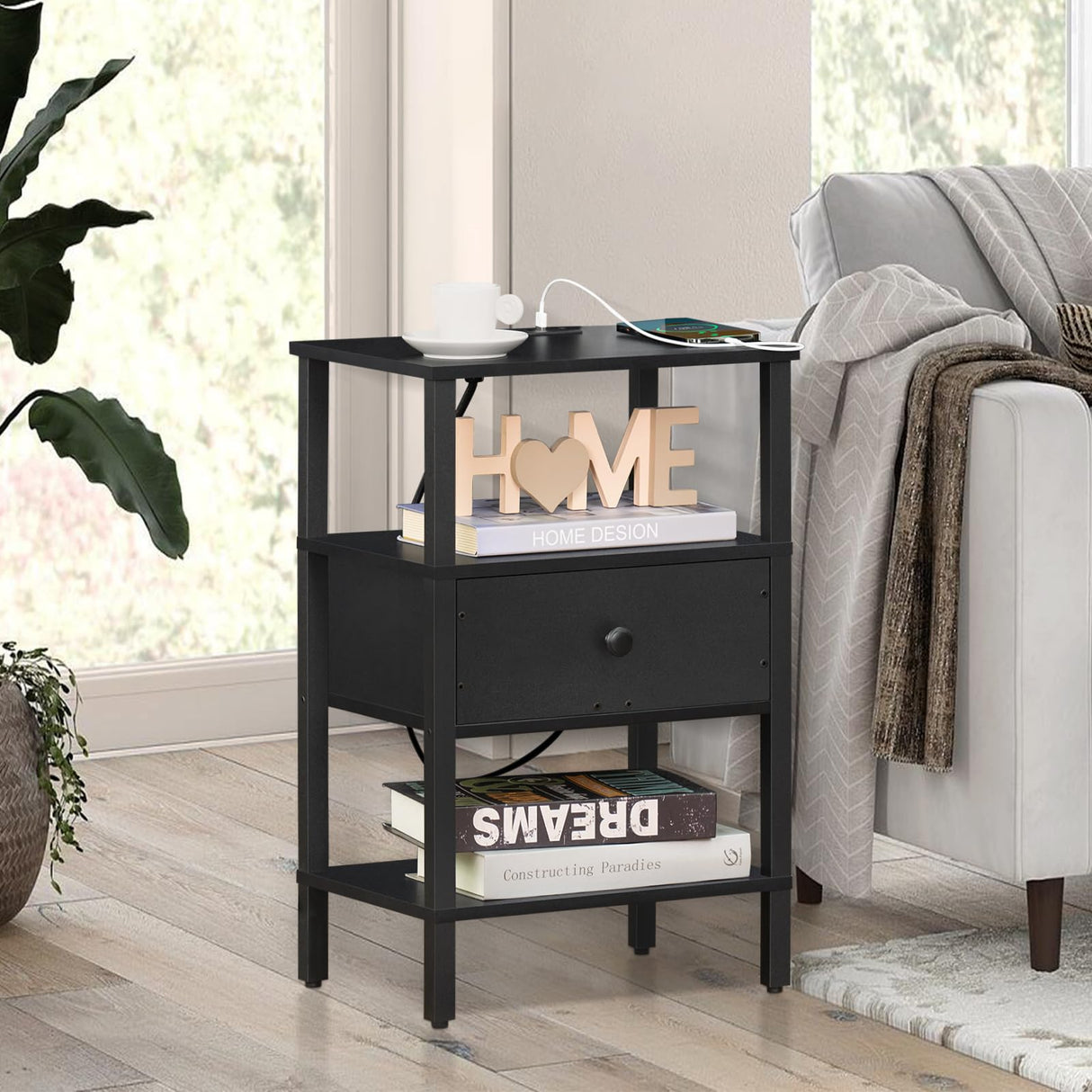Lerliuo Nightstand with Charging Station and USB Ports, 3-Tier Storage End Table with Drawer Shelf, Night Stand for Small Spaces, Wood Bed Side Table for Living Room, Bedroom - Classic Black Lerliuo
